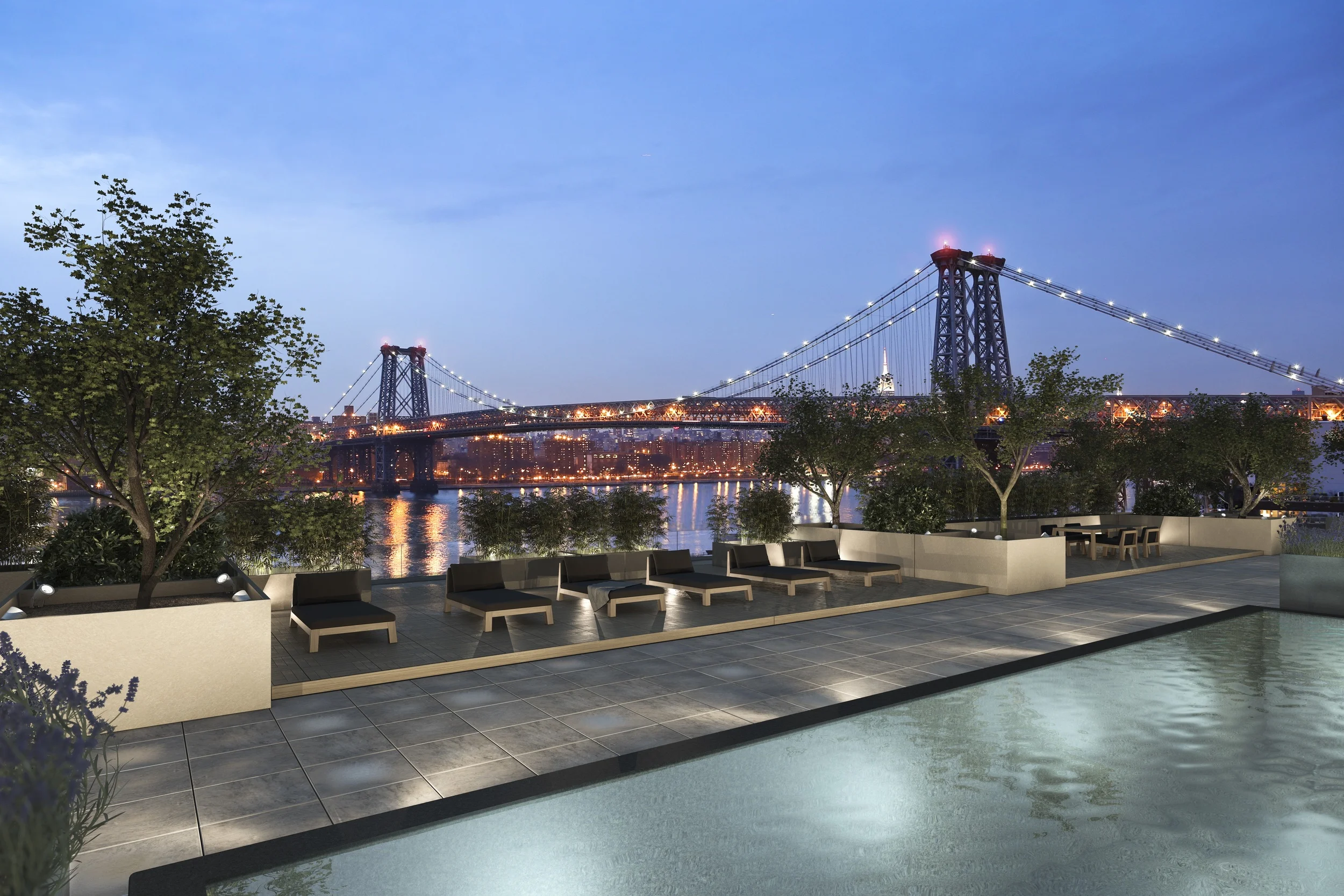 The rooftop pool and Williamsburg Bridge