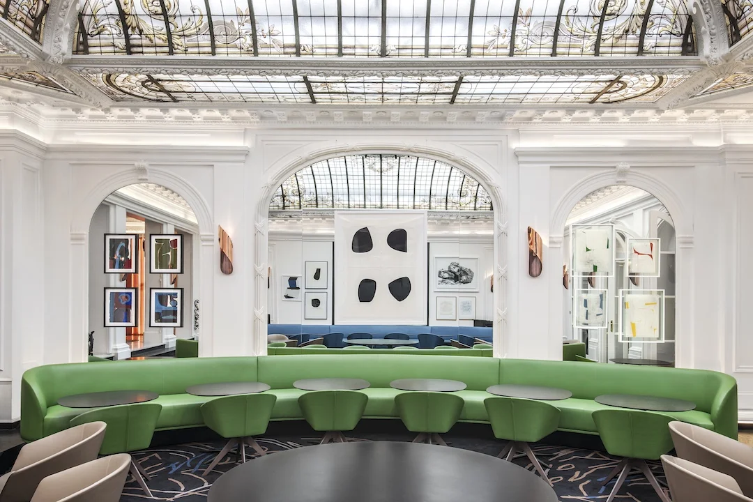 Restaurant at Hotel Vernet, benches by Francois Champsaur, tables and chairs by Lievore Alther Molina and PHS, drawings and prints by Katrin Bremermann