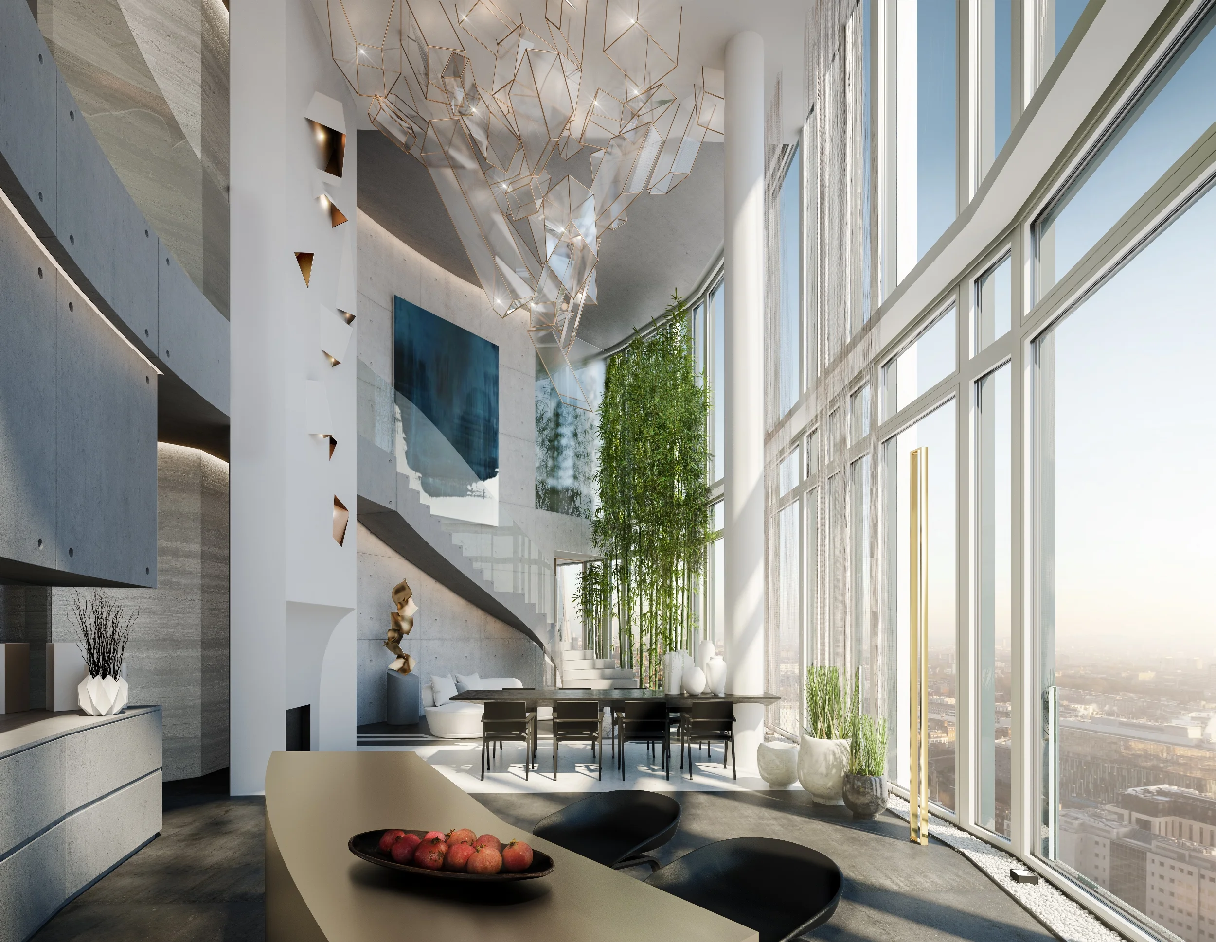 The centrepiece of the penthouse at the South Bank Tower in London is a lighting feature made with crystal sheets, by Design Haus Liberty