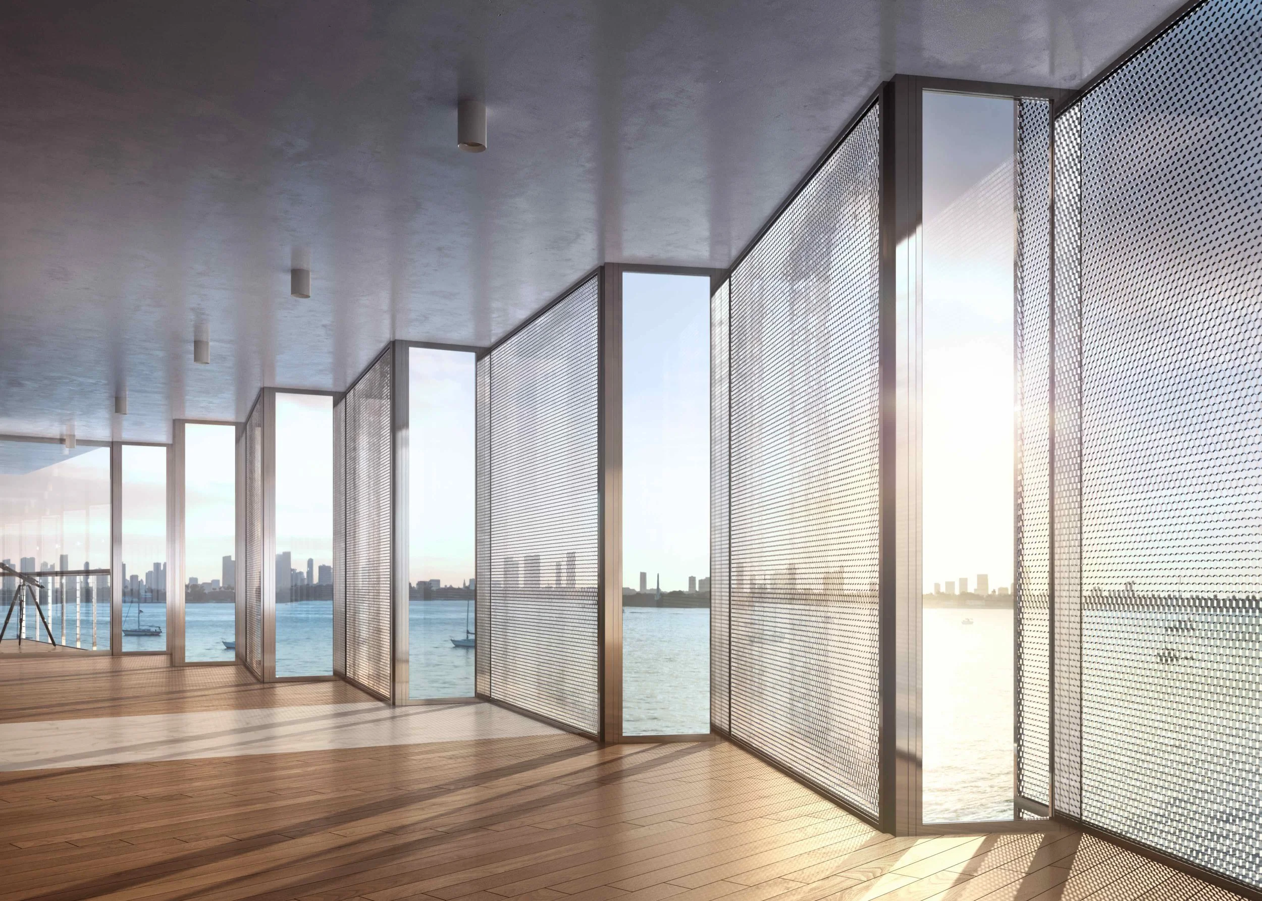 Jean Nouvel's design innovations at Monad Terrace include a honeycomb screen for added privacy and a zig-zag profile for continued views of the Bay