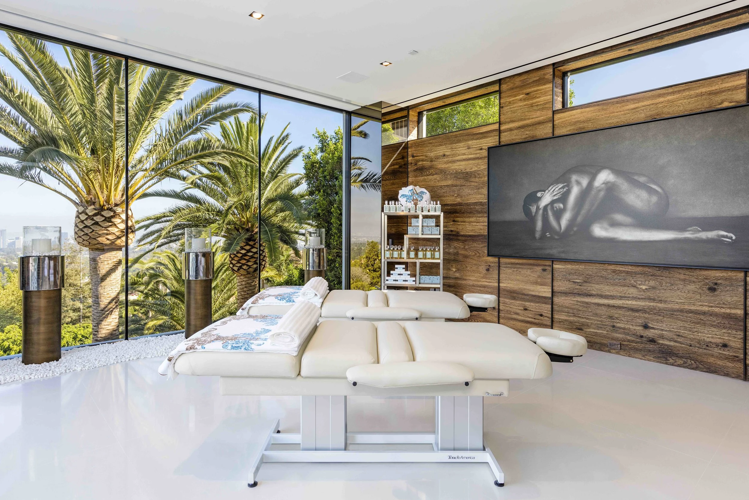 The wellness centre, like most rooms, features original artwork and tall glass walls