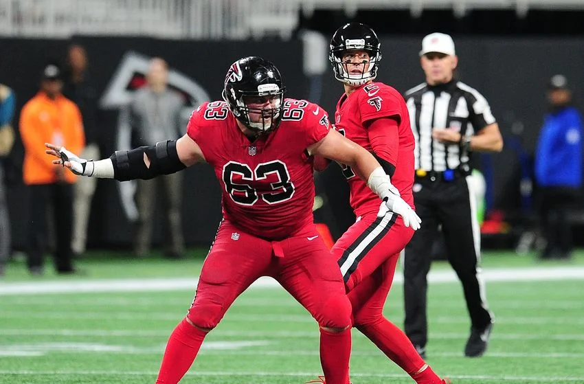 ATLANTA, GA - DECEMBER 7: Ben Garland #63 of the Atlanta Falcons blocks against the New Orleans Saints at Mercedes-Benz Stadium on December 7, 2017 in Atlanta, Georgia. (Photo by Scott Cunningham/Getty Images)