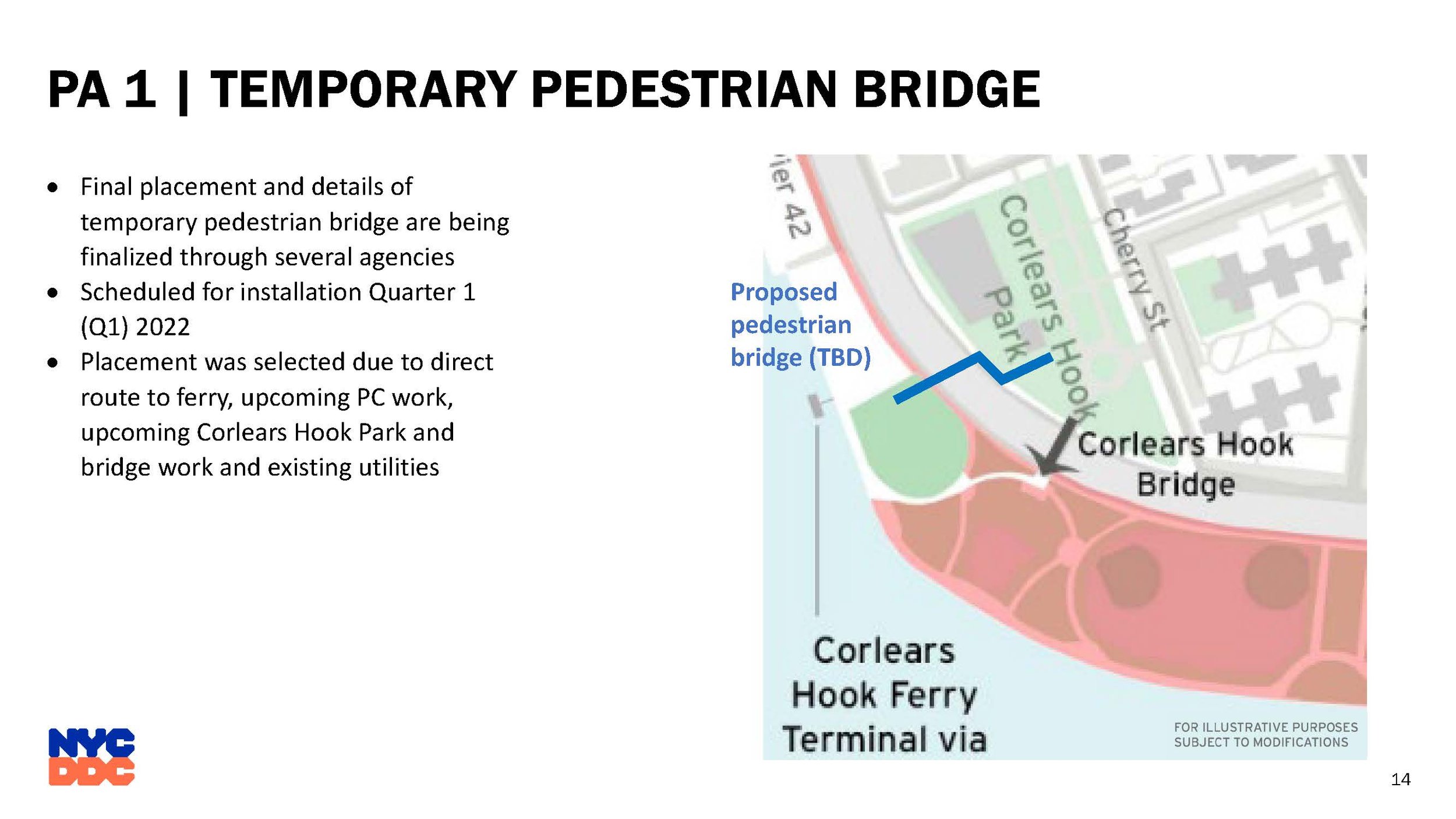 Proposed placement of temporary pedestrian bridge