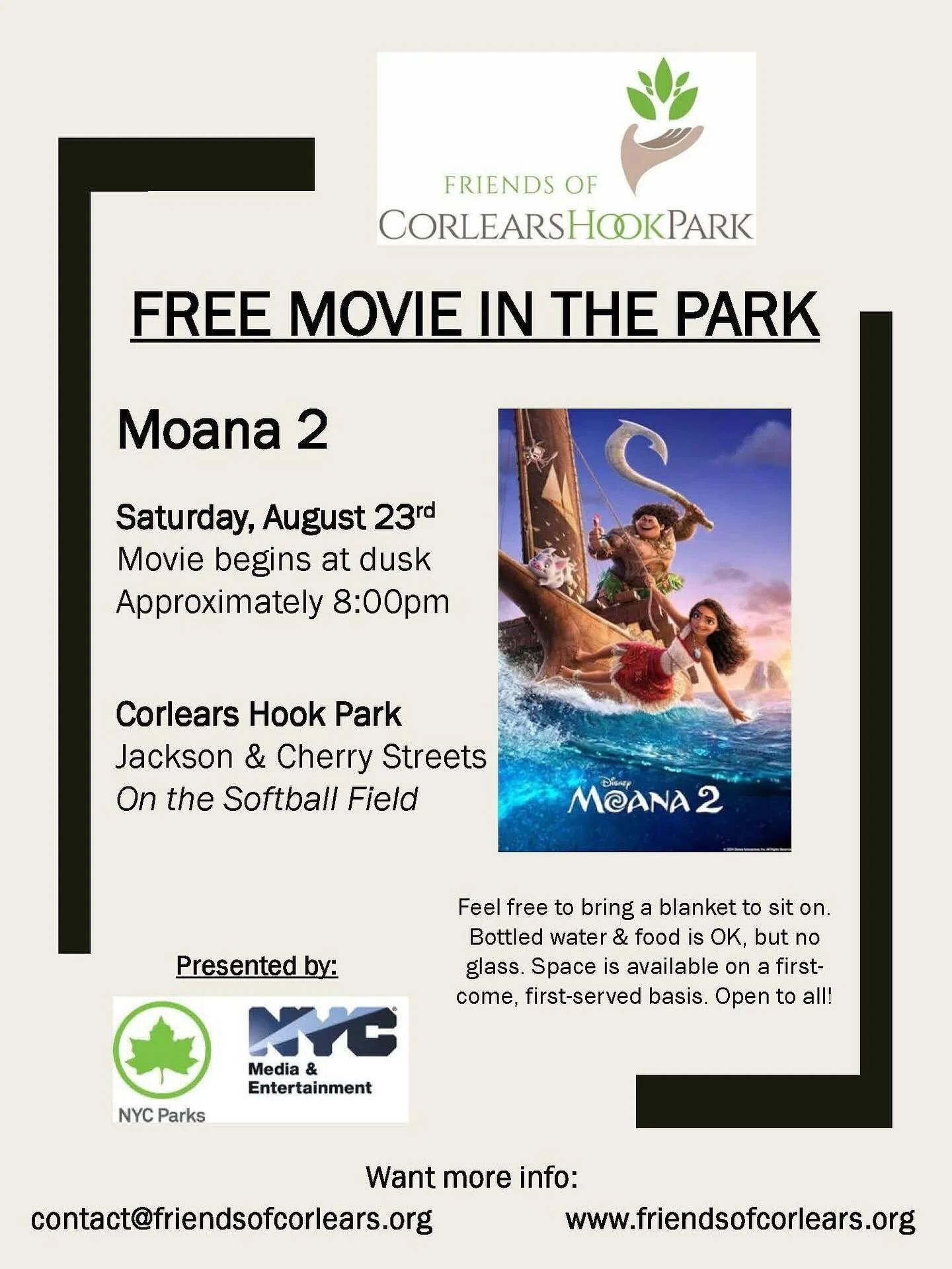 This Saturday night in Corlears, join us for a free screening of Moana 2 provided by @nycparks #free #movie #outdoormovie #moana