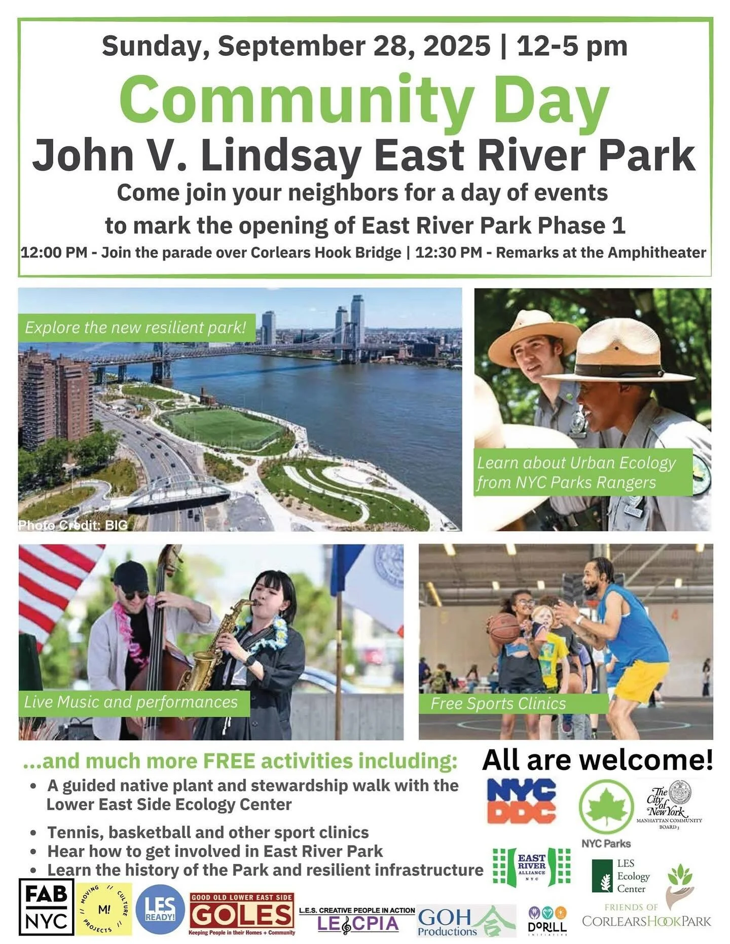 Join us on Sunday for a fun-filled day of activities and performances to celebrate the newly opened sections of East River and Corlears Hook Parks. @nycparks @nycddc @golesnyc