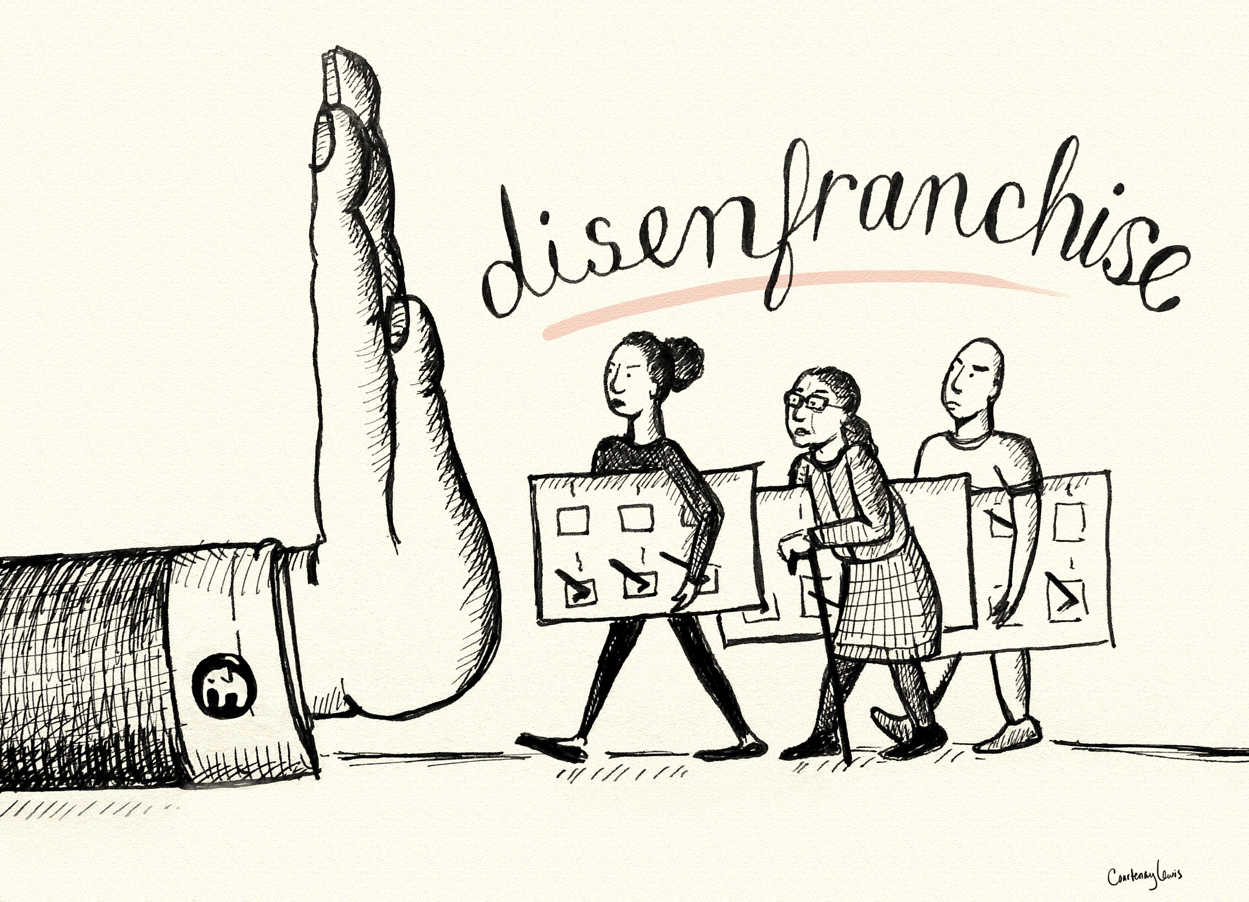 Republican politicians illustrate voter disenfranchisement (illustrated words series)