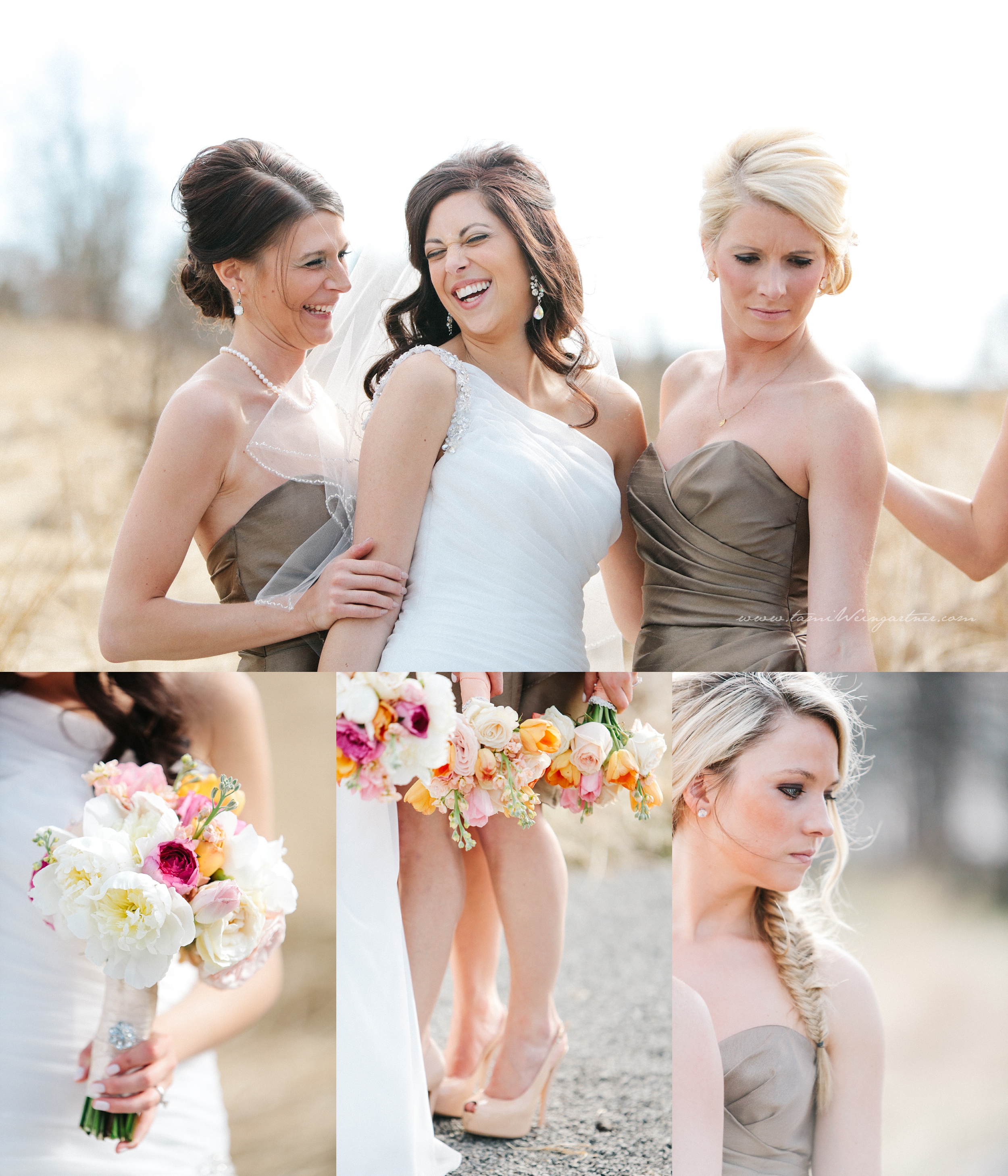 Happy bridesmaids and bride with gold dress and lovely bouquets