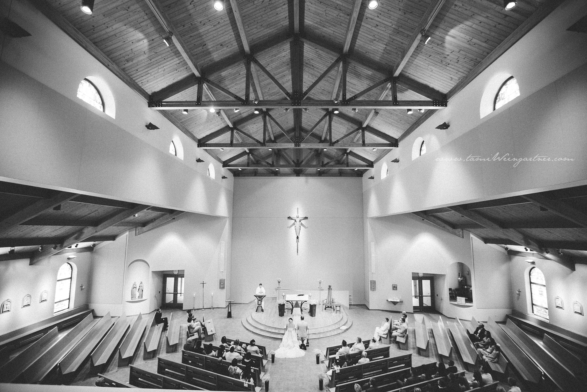 View from the choir loft of a wedding at Holy Trinity Church in Ligonier