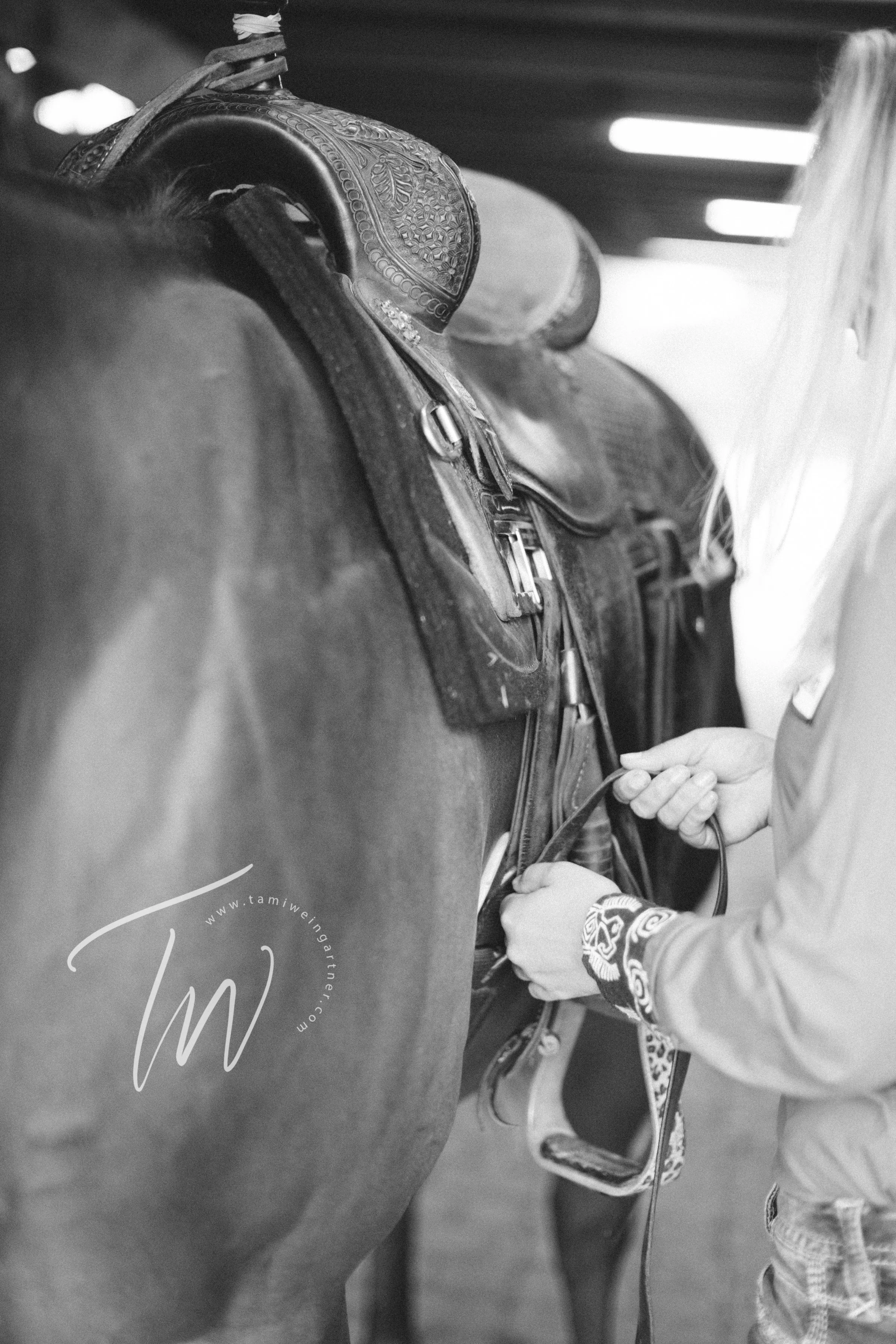 Proper cinch of a barrel saddle.