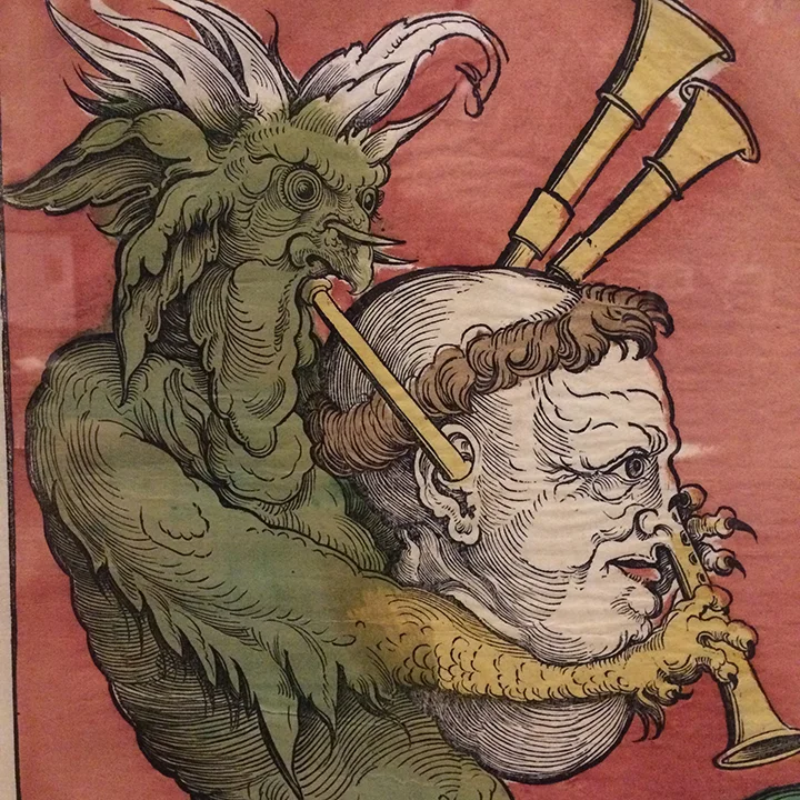 The Devil playing a clergyman's head like a bagpipe. Blowing in through the ear. I love these weirdly literal metaphors. 