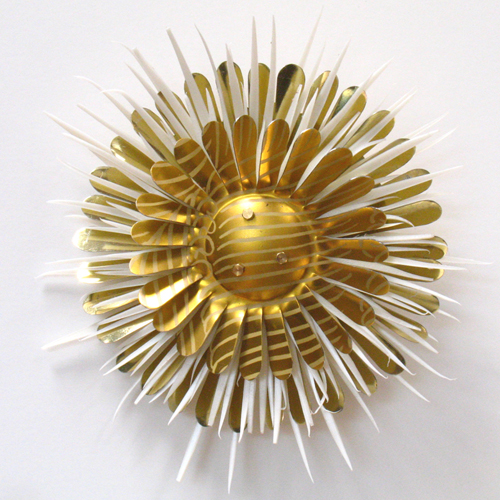 Gold Flower Brooch from recycled plastic and tin cans