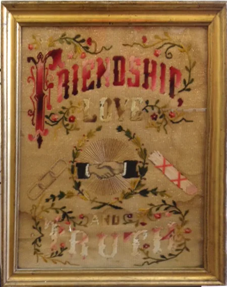 Friendship, Love and Truth embroidered sampler from the 19th century.