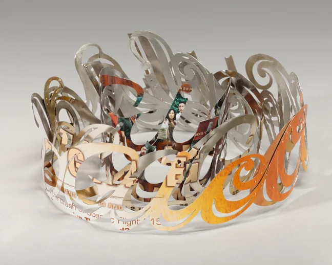 Circular Logic Bracelet is hard to read. It is impossible to understand what it says, "Circular Logic." This is a metaphoric construction for the circular logic and responses from the current White House. Dimensions : 3: ht. x 7" w. x 6.5 depth