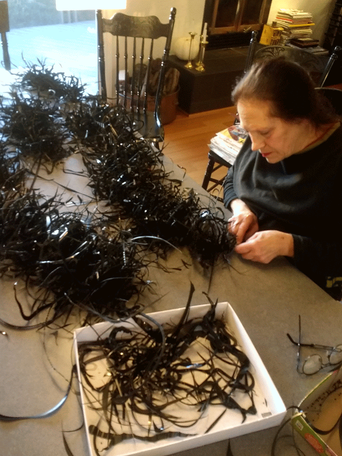 Harriete Estel Berman assembling the Black Plastic Gyre Necklace