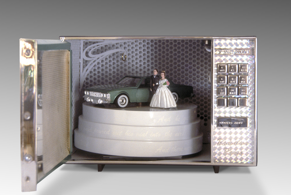 TV Microwave open view with wedding cake, bride groom, car