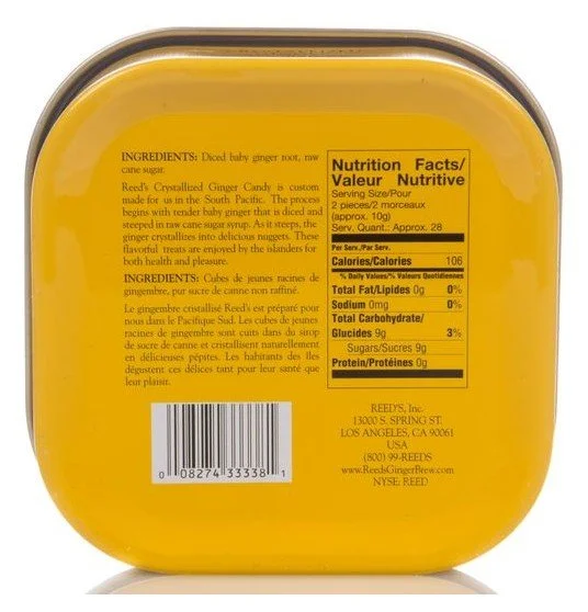 Reed's Crystallized Ginger tinback with UPC code and nutrition facts.jpg