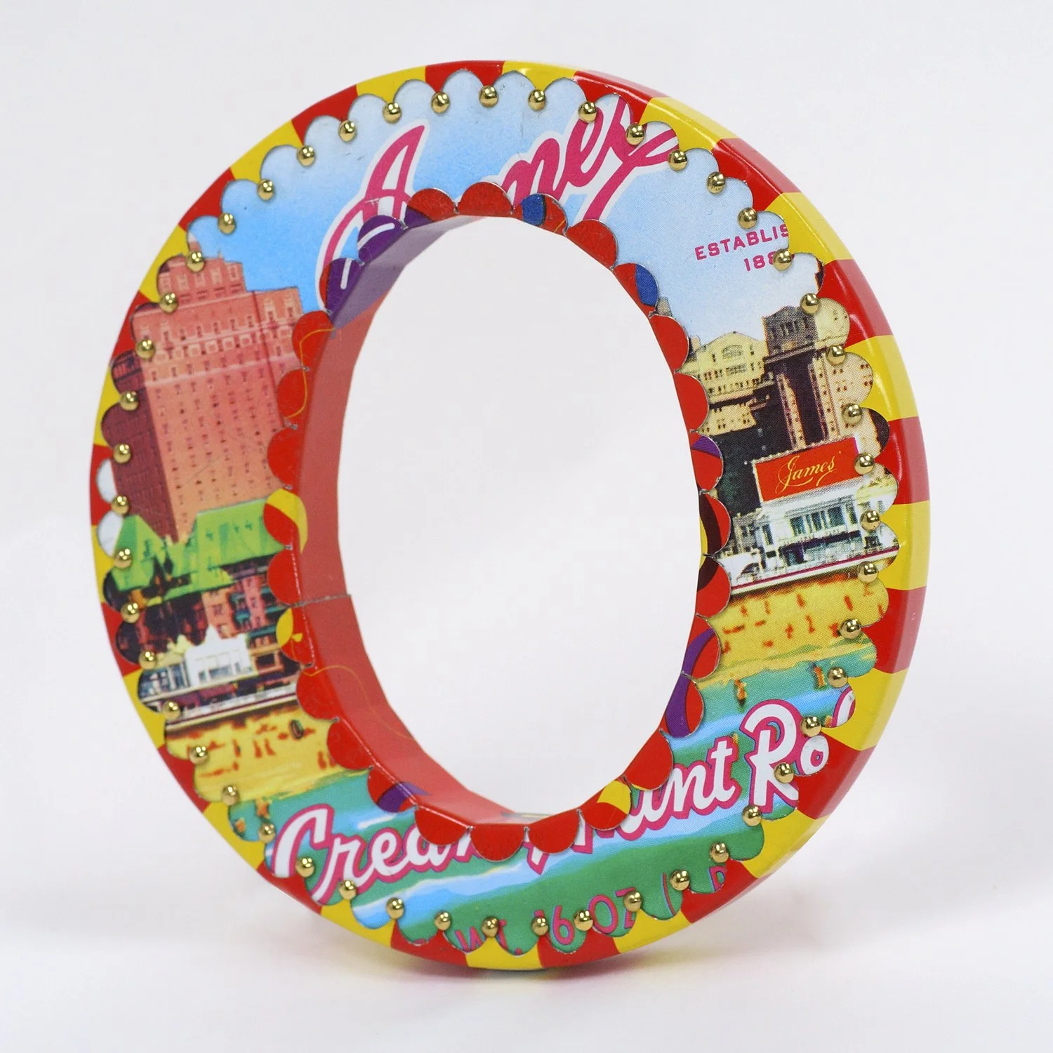 Bracelet by Harriete Estel Berman with radiating Light. yellow and red radiating SALT WATER TAFFY Super thin, round lid with yellow and red radiating stripes “animal crackers”;