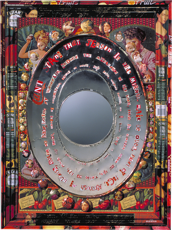 Identity Complex Mirror constructed from recycled tin cans about beauty in our consumer society. Full view image of the mirror..