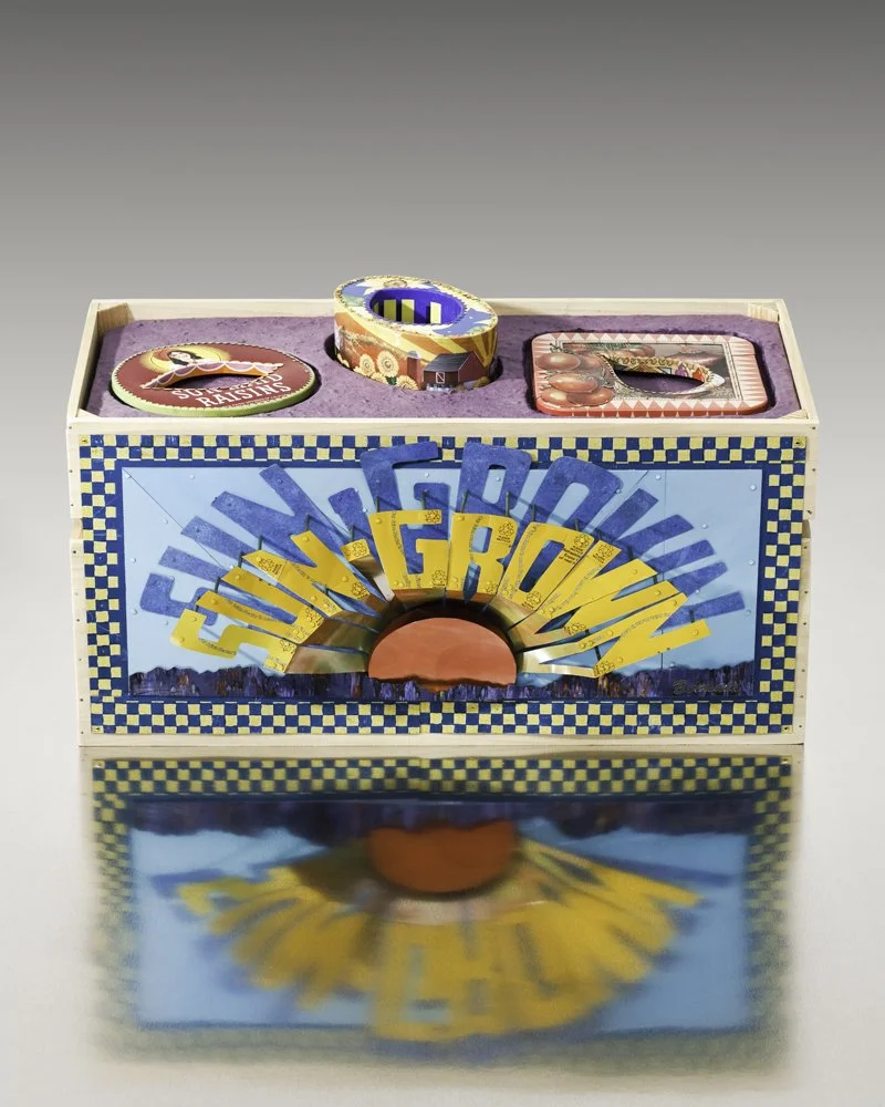 SunGrown is a vintage style fruit crate with three bracelets with fruit and vegetables.