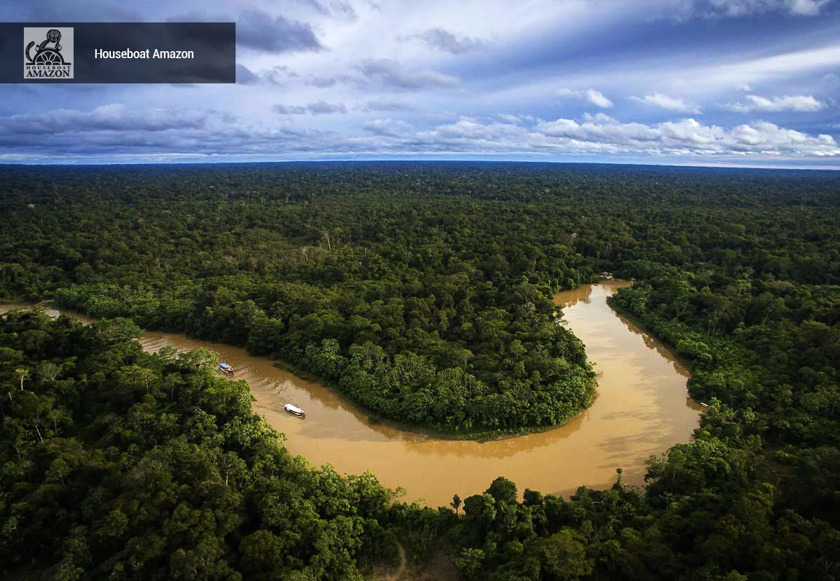 Drone flying over HBA and the Rakel as we make our way deep into the Amazon along the narrow Rio Eiru