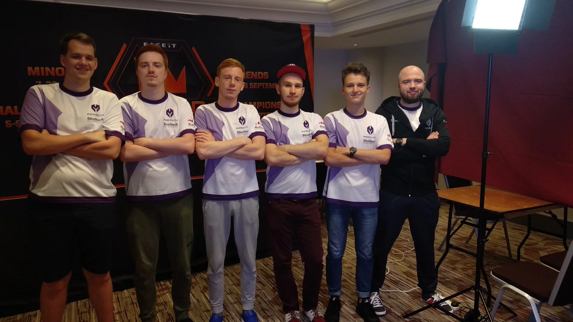 From left to right: Alexey "Nickelback" Trofimov, Alexander "spiker" Ivanov, Dmitry "propleh" Senigov, Alexey "ub1que" Polivanov, Mareks "Yekindar" Galinskis, and coach Rustam "TsaGa" Tsagolov.