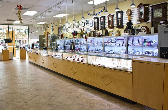 Our showroom floor at 5438 West Sample Road in Margate, Florida. Browse watches, necklaces, rings, clocks, pendants, earrings and more.