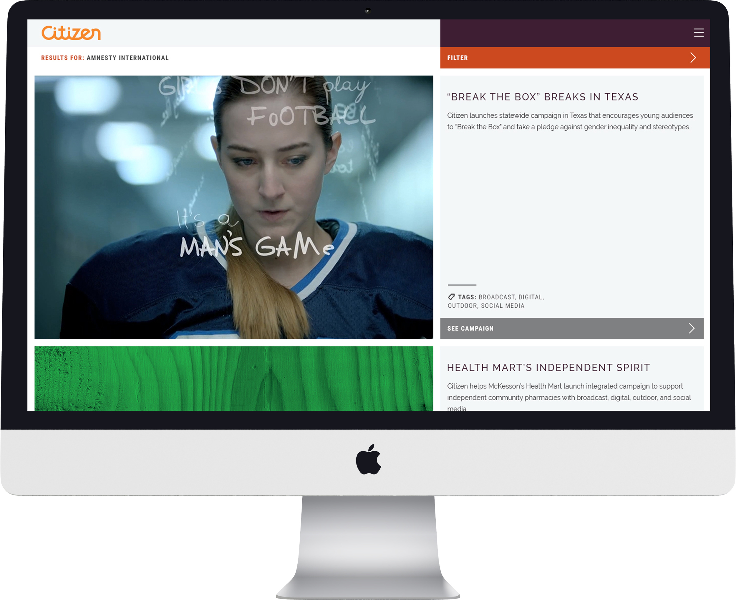 Citizen's work is displayed in a case study gallery with ample room for a preview image or video. 