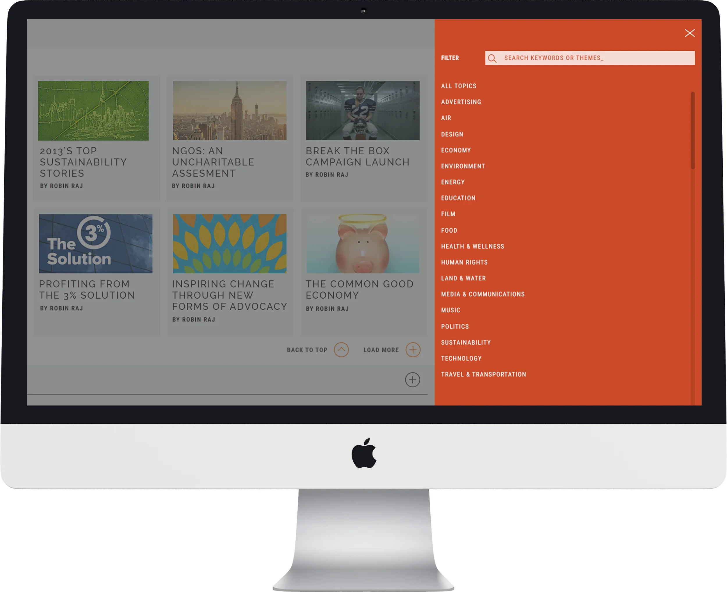 Trends and Work can be filtered by topic, client, or keyword. 
