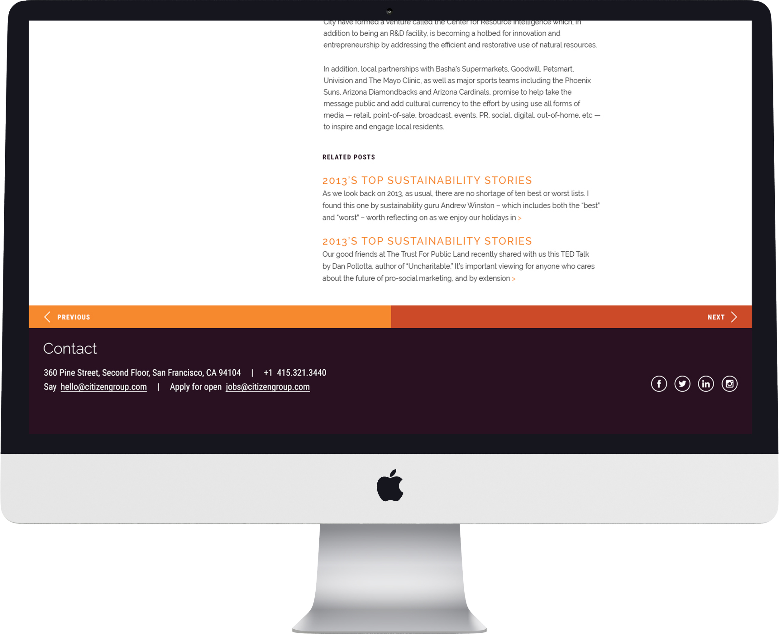 Posts can be navigated laterally, and related stories are suggested at the end of the post.