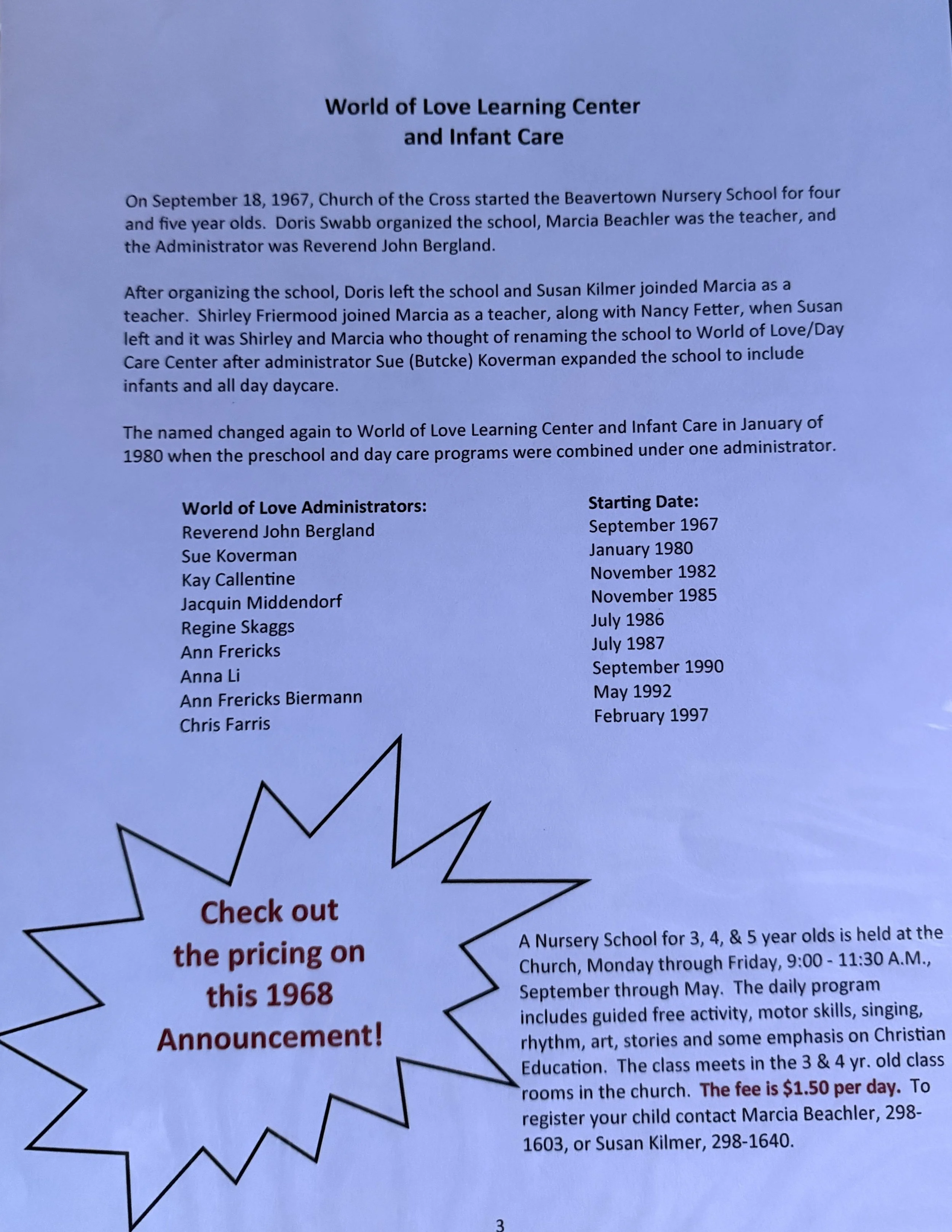 Archival World of Love history featuring the original 1967 nursery school and 1968 preschool announcement