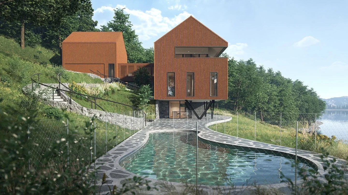 View of the Lakehouse from the pool.

#architecture #design #lakehouse #poolside #upstate #coretensteel #weatheredsteel #corrugatedsiding #organicpool