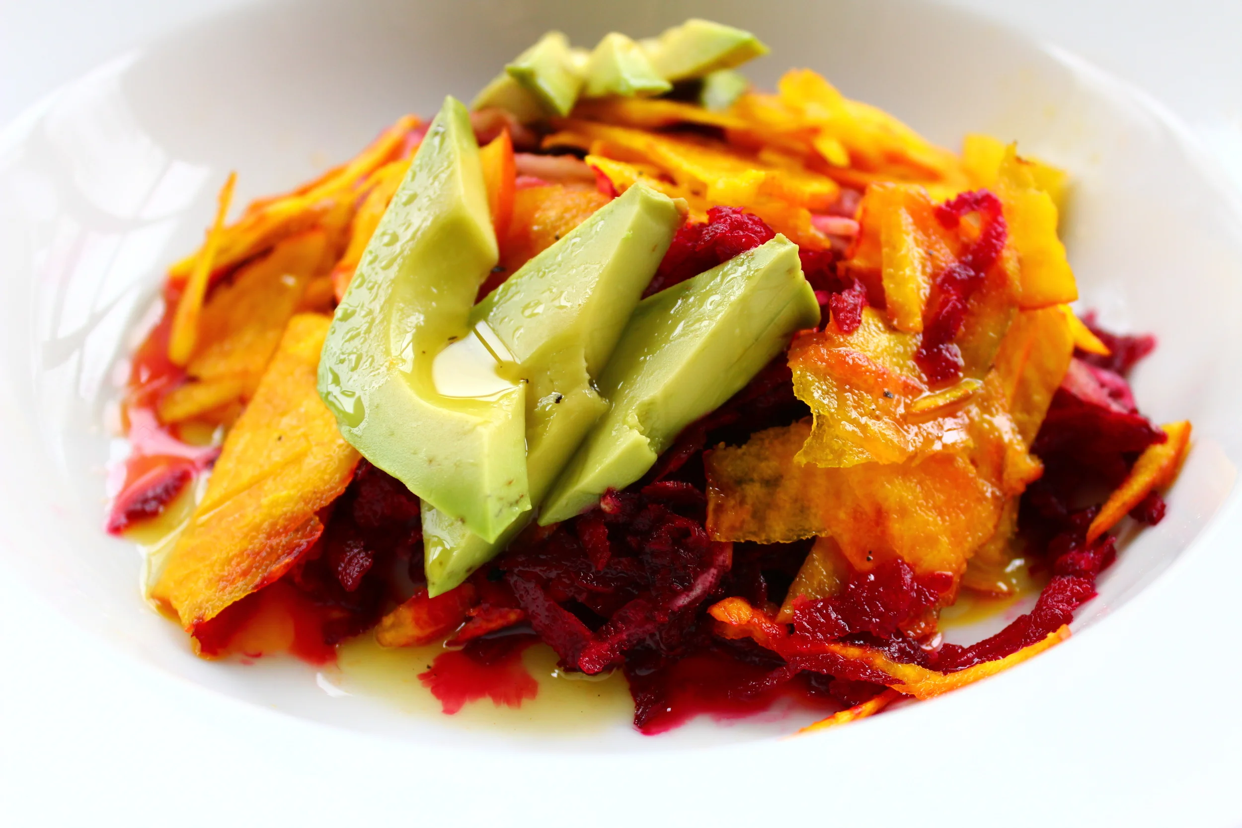 Tricolored Beet and Avocado Salad with a Spicy Honey Dressing