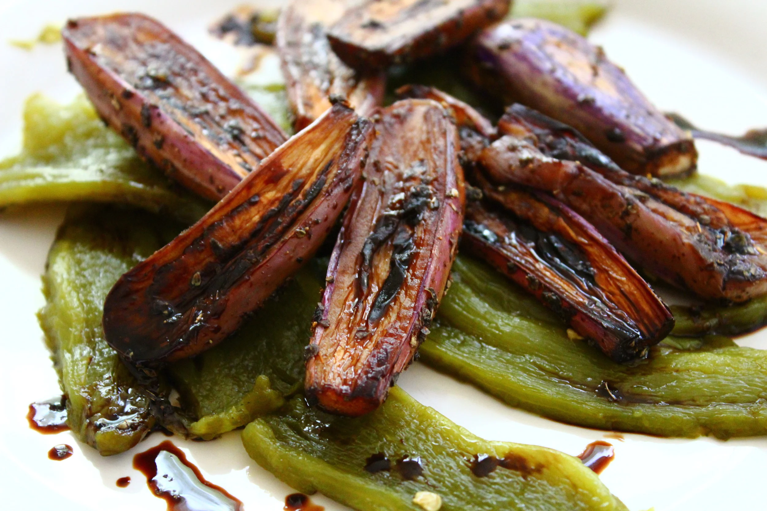 Fairytale Eggplant in a Balsamic Reduction with Oven-Roasted Peppers