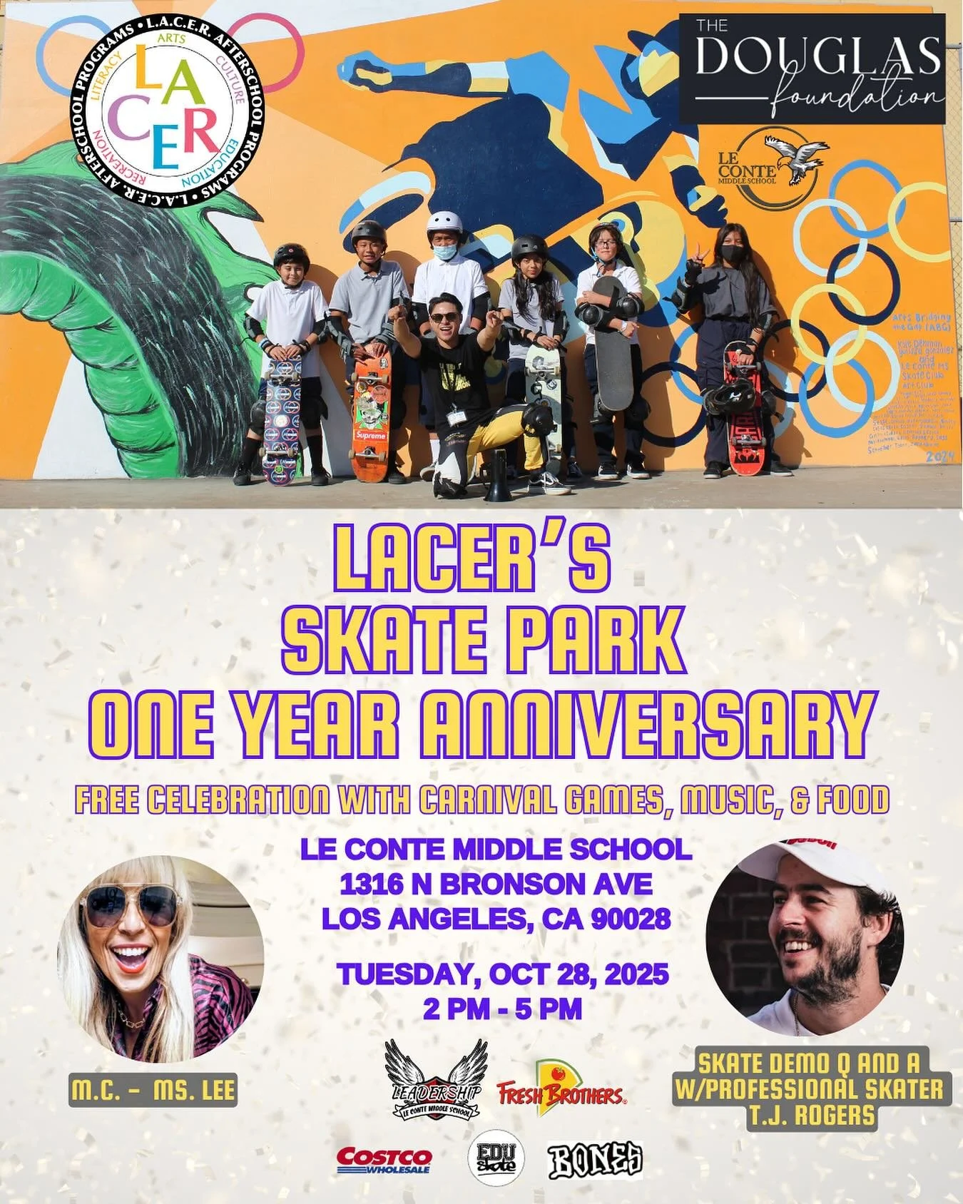 Join us for the one year anniversary celebration of @lacerafterschool Skatepark at @lecontemiddleschool!🎉
Special guests @tjrogers , Professional Skateboarder🛹
MC - Ms Lee 
Huge thanks to our funders The Douglas Foundation, along with @lecontemidd