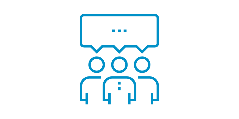 Line art image of 3 people with a talk bubble overhead.