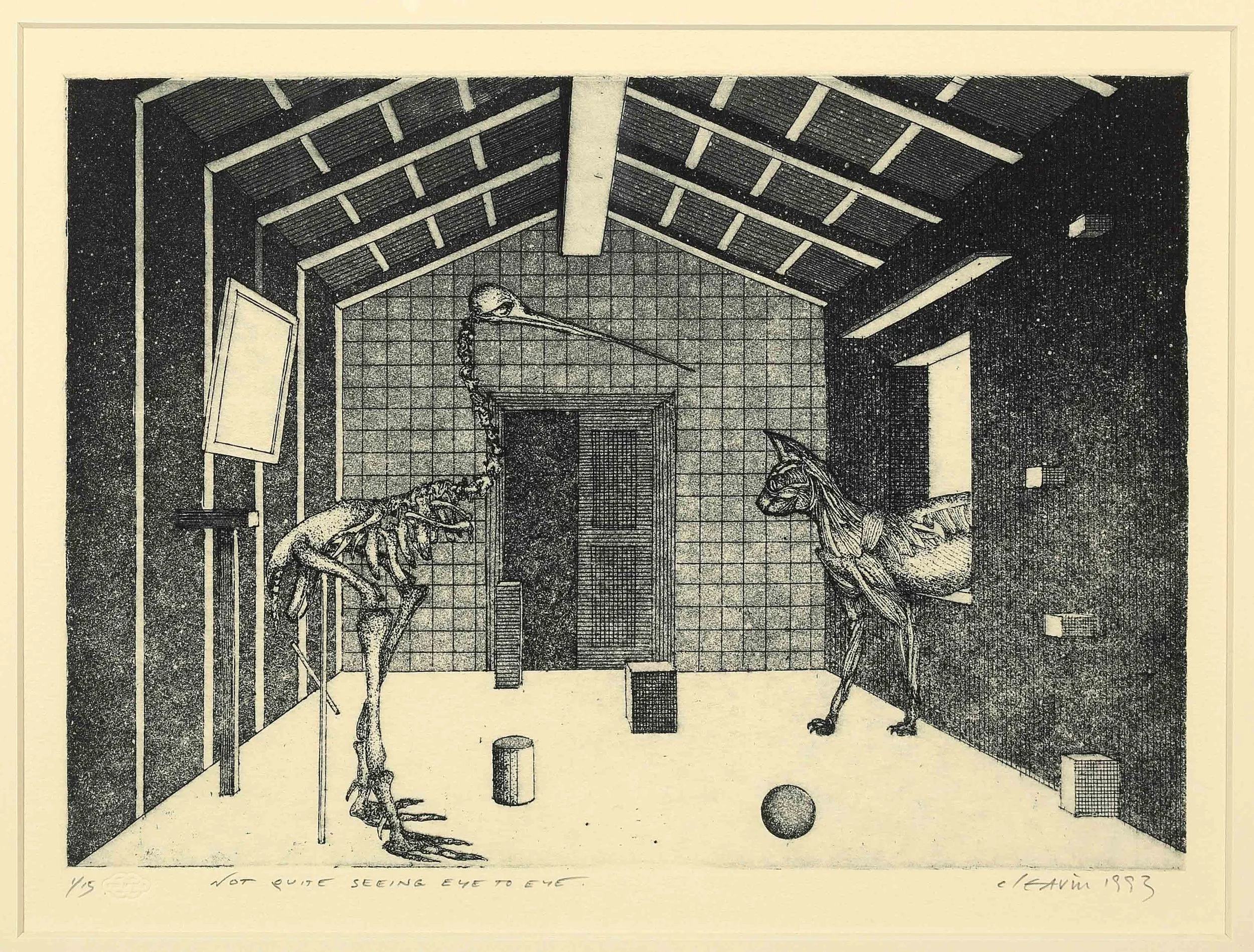 Barry CLEAVIN(New Zealander, b. 1939), Not quite seeing eye to eye , 1993, Etching aquatint 1/15 Collection of The Suter Art Gallery Te Aratoi o Whakatū: gifted by Ann and John Hercus in 2014