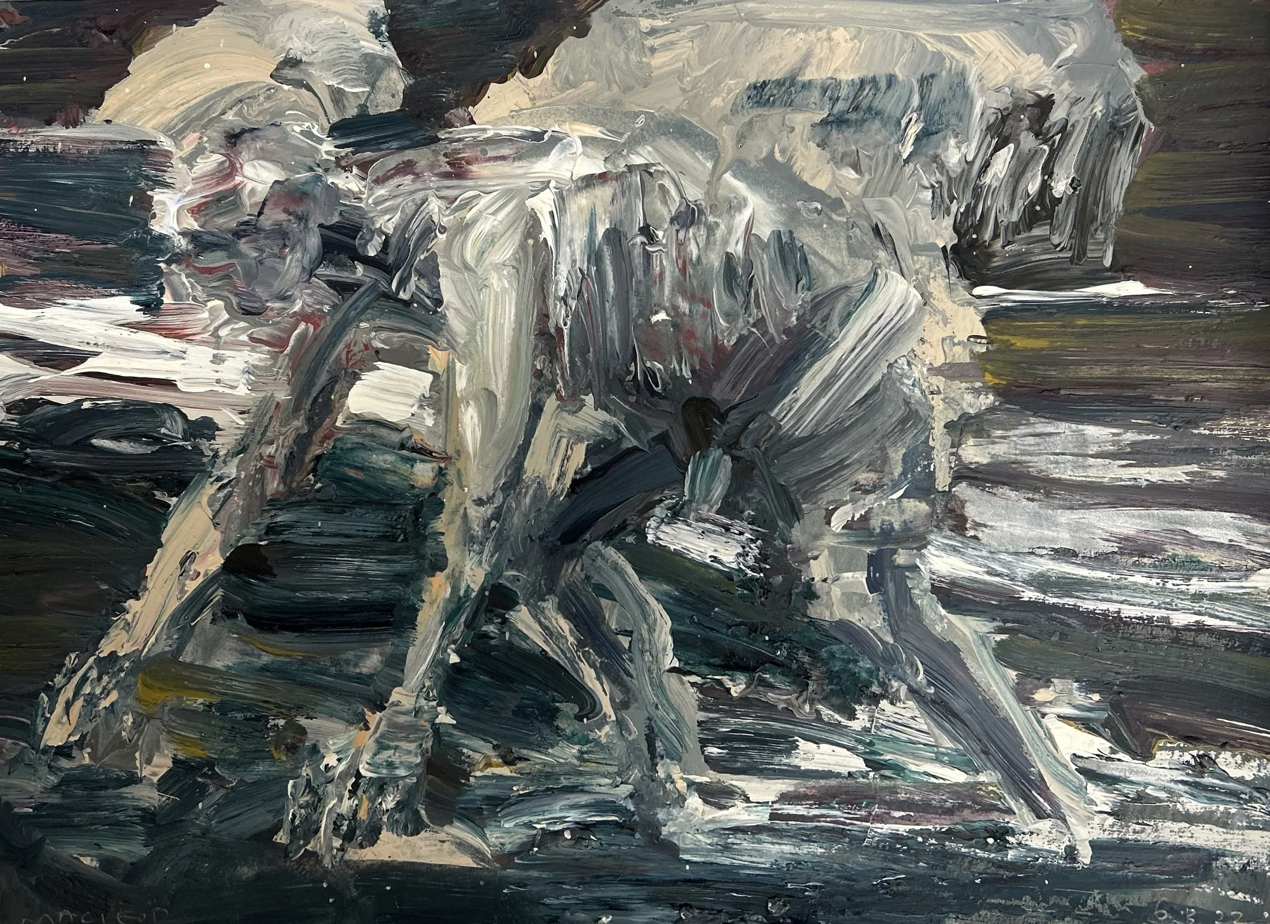 Euan MacLeod, Geoff at Cairns In river, 2022, Oil on paper, 536 x 660mm (framed)