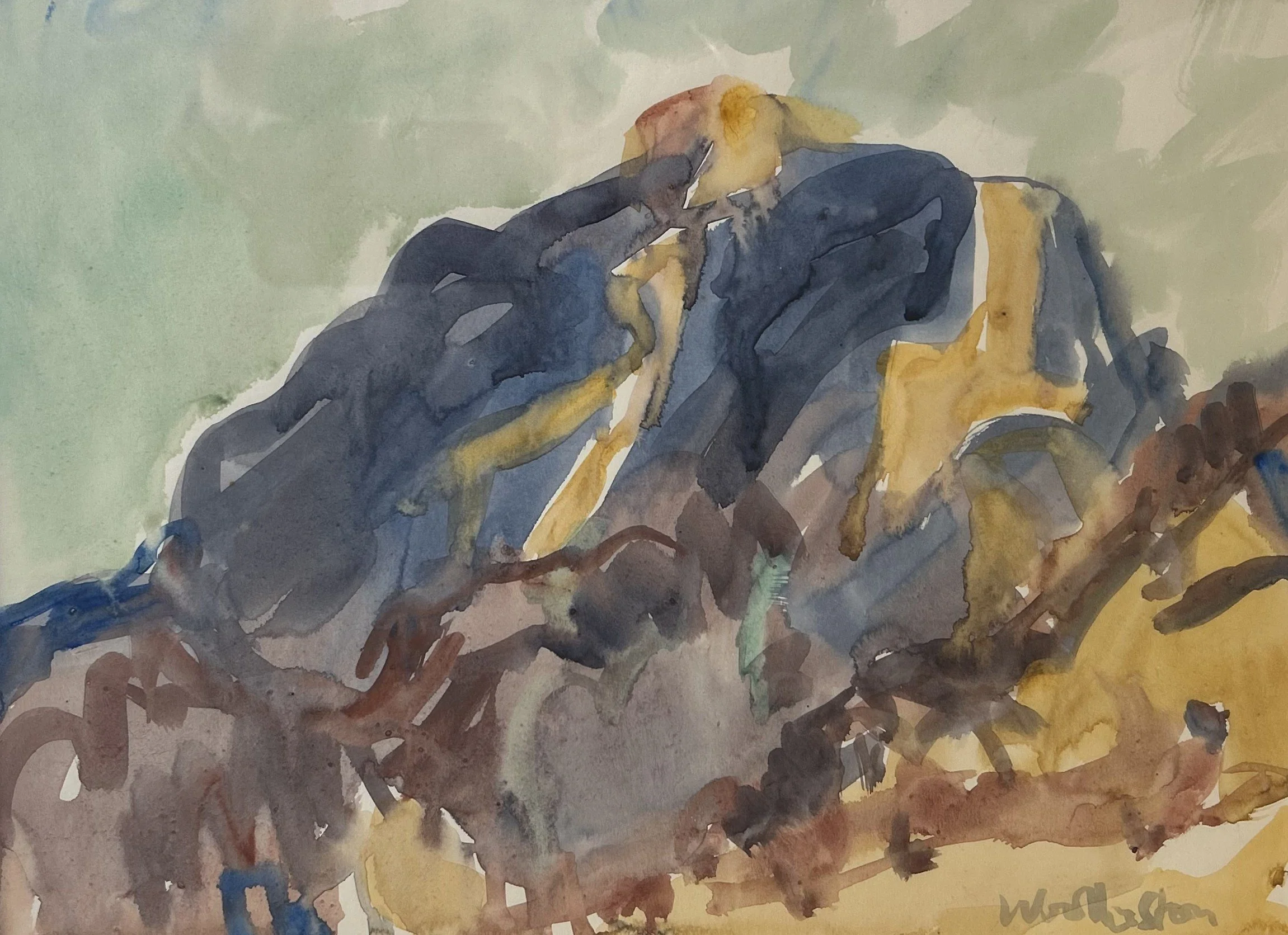 Toss Woollaston, Brown acre (Mt. Campbell) (From Riwaka), 1990, Watercolour on paper. 450 x 525mm (framed)  