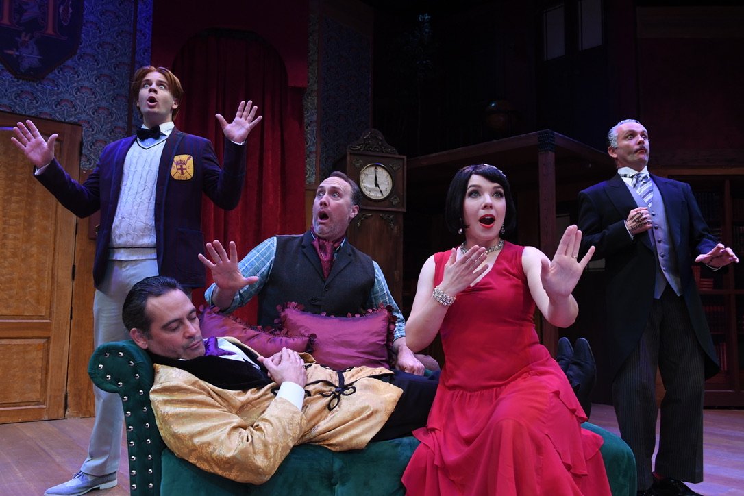    (Left to right) SEAN OKUNIEWICZ*, WILL SPRINGHORN JR.*,&nbsp; MAGGIE MASON*, KEITH PINTO* and JOHNNY MORENO* &nbsp;      Credit: Dave Lepori      Photos for&nbsp;San Jose Stage Company’s production THE PLAY THAT GOES&nbsp; WRONG by HENRY LEWIS, JO