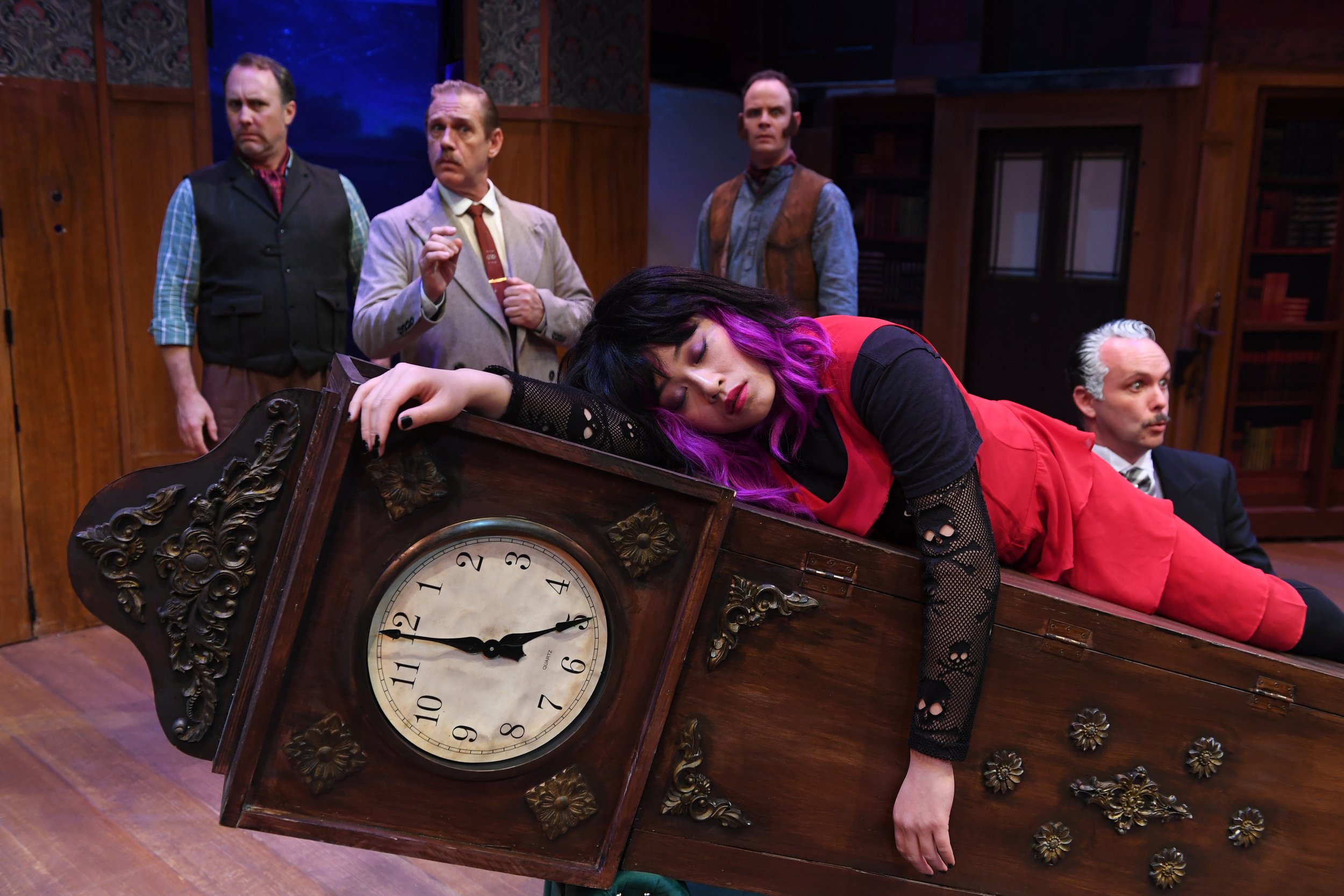    (left to right)&nbsp;WILL SPRINGHORN JR.*, JONATHAN RHYS WILLIAMS, SEAN OKUNIEWICZ*, KEITH PINTO*, and VIVIENNE TRUONG (front)      Credit: Dave Lepori      Photos for&nbsp;San Jose Stage Company’s production of THE PLAY THAT GOES&nbsp; WRONG by H