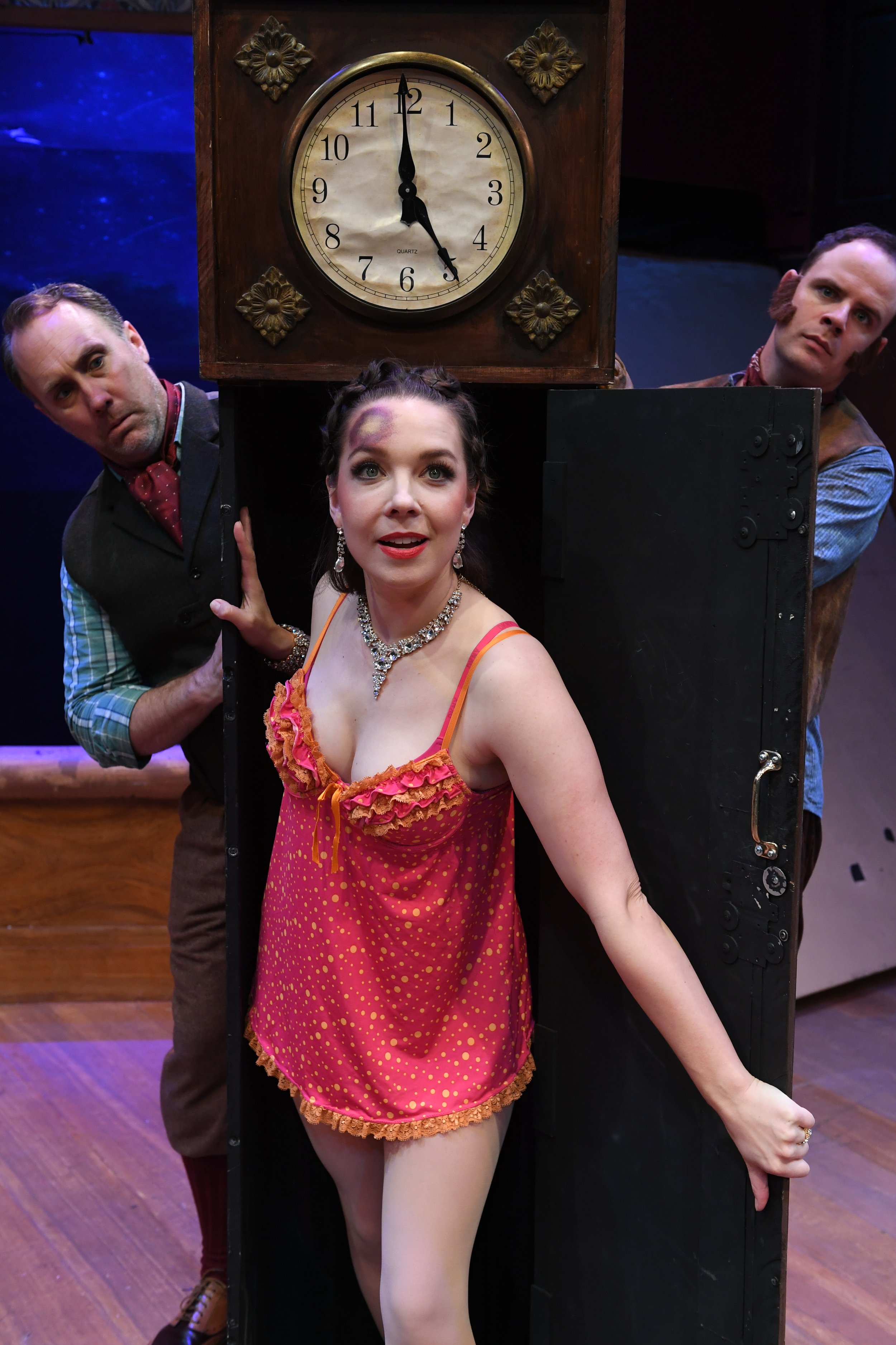    WILL SPRINGHORN JR.* (left), SEAN OKUNIEWICZ* (right), and MAGGIE MASON* (center)      Credit: Dave Lepori      Photos for&nbsp;San Jose Stage Company’s production of THE PLAY THAT GOES&nbsp; WRONG by HENRY LEWIS, JONATHAN SAYER &amp; HENRY SHIELD