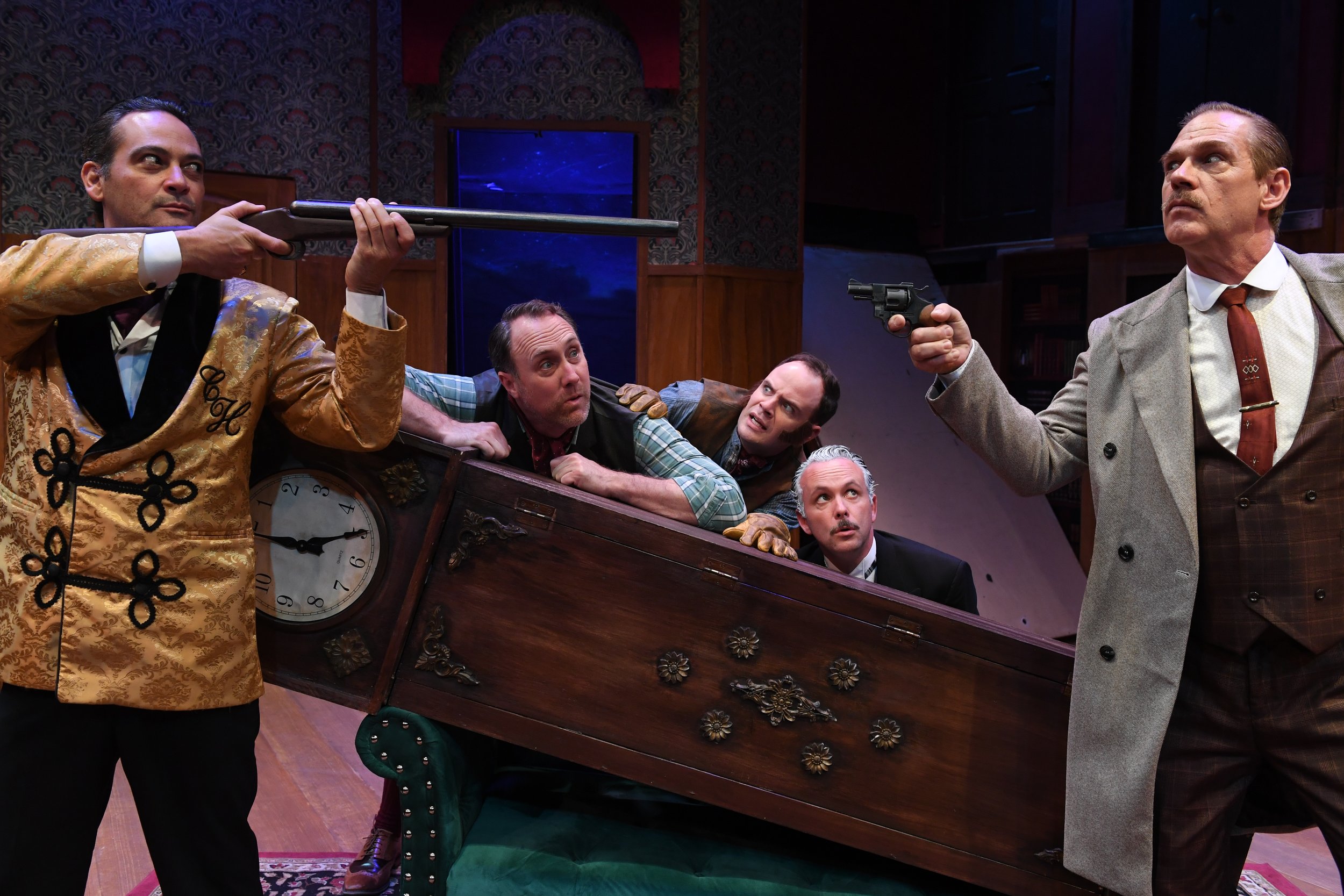    (left to right)&nbsp;JOHNNY MORENO*, WILL SPRINGHORN JR.*, KEITH PINTO*, and JONATHAN RHYS WILLIAMS      Credit: Dave Lepori      Photos for&nbsp;San Jose Stage Company’s production of THE PLAY THAT GOES&nbsp; WRONG by HENRY LEWIS, JONATHAN SAYER 