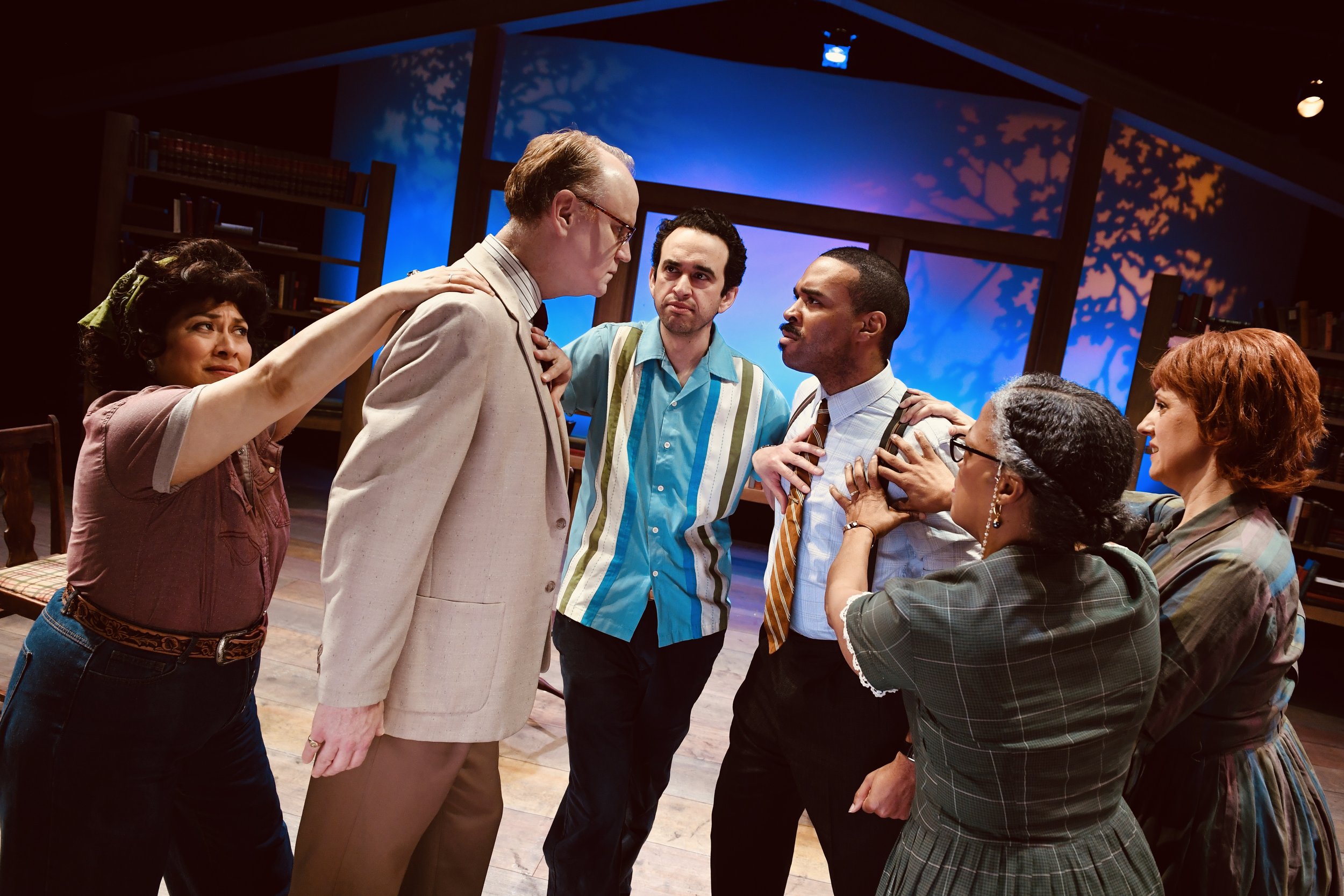  San Jose Stage Company’s West Coast Premiere of PEOPLE WHERE THEY ARE by ANTHONY CLARVOE. Directed BENNY SATO AMBUSH featuring (left to right) ESTRELLA ESPARZA-JOHNSON*, as EMMA, MICHAEL CHAMPLIN as NED , BRADY MORALES-WOOLERY* as MR. CARAWAN, TERRA