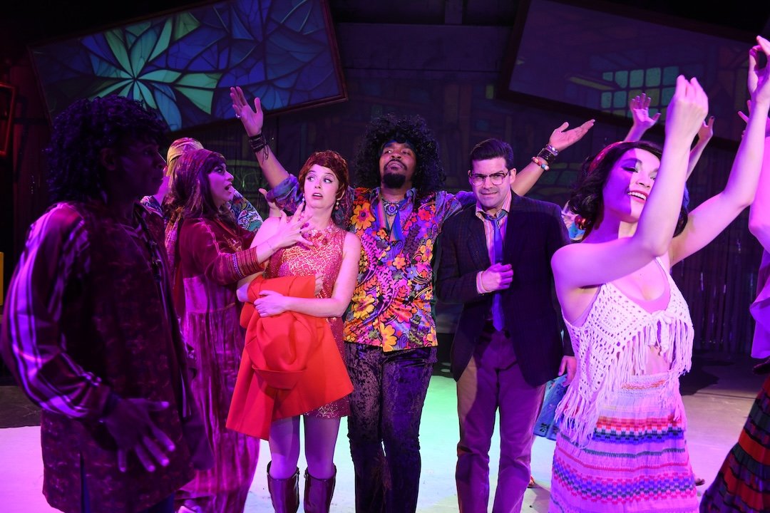 Terrance Austin Smith* (Daddy Brubeck), (Ruby Day (Charity Hope Valentine), Jeffrey Brian Adams* (Oscar Lindquist) and Ensemble in
San Jose Stage Company’s “Sweet Charity” June 4–29, 2025