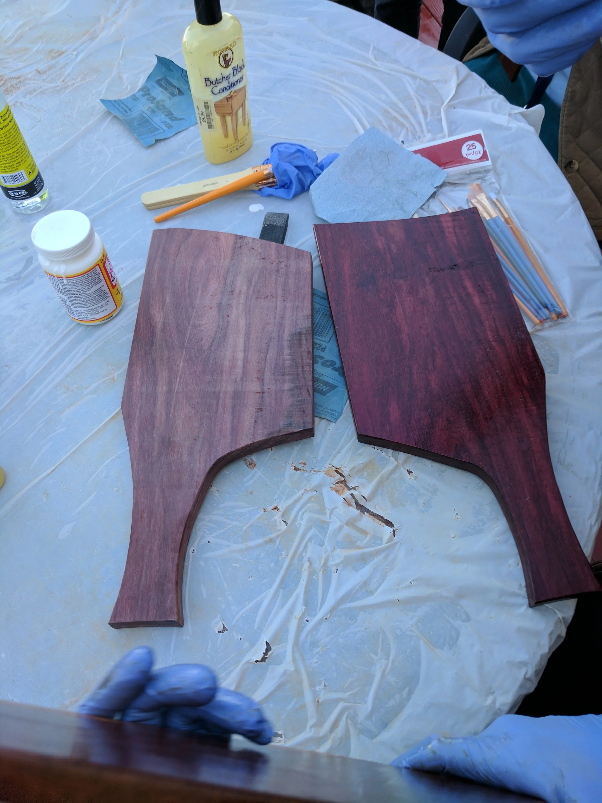Before sanding and after applying the oil.