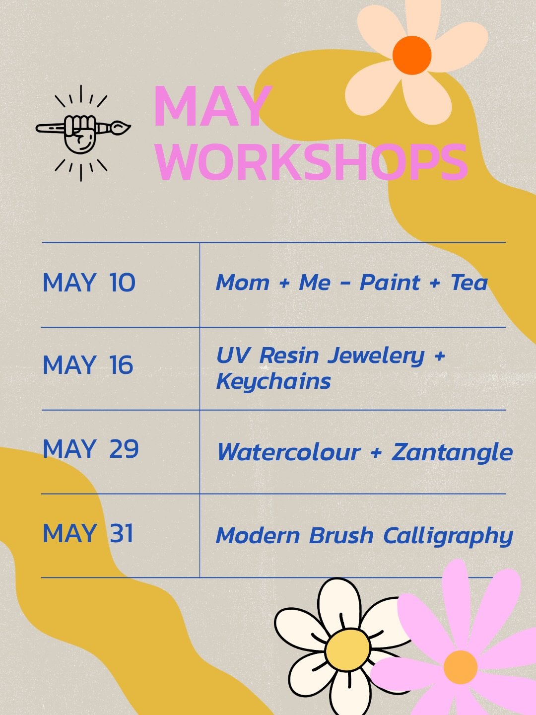 May Workshops at Creō 🎨✨ 

💐 Mom + Me: Paint + Tea
May 10 | 10:30&ndash;12:00
A sweet Mother&rsquo;s Day class&mdash;paint a cozy otter together ☕🦦

✨ UV Resin: Keychains + Jewellery
May 16 | 6:00&ndash;8:30
Create your own custom resin pieces&mda