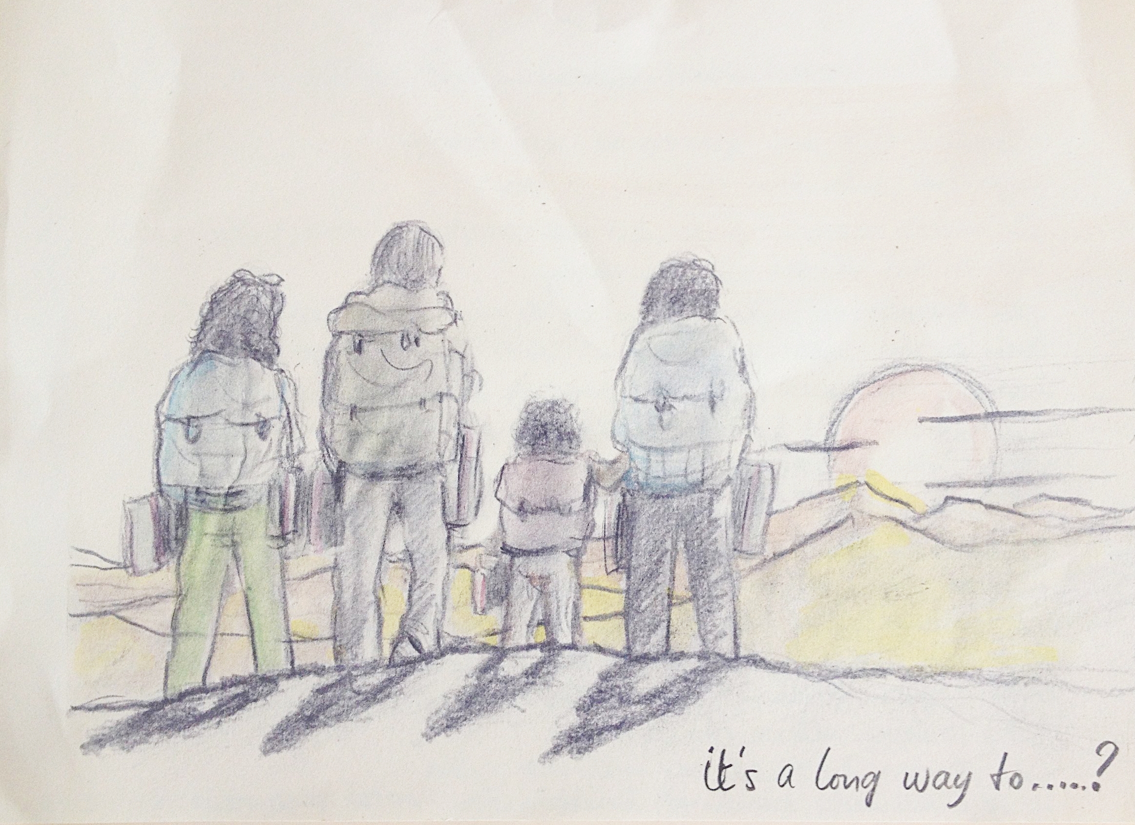 Leaving Dubai with our bagpacks, sketched by the talented and super loved Ton Bleeker (a.k.a. grandpa)