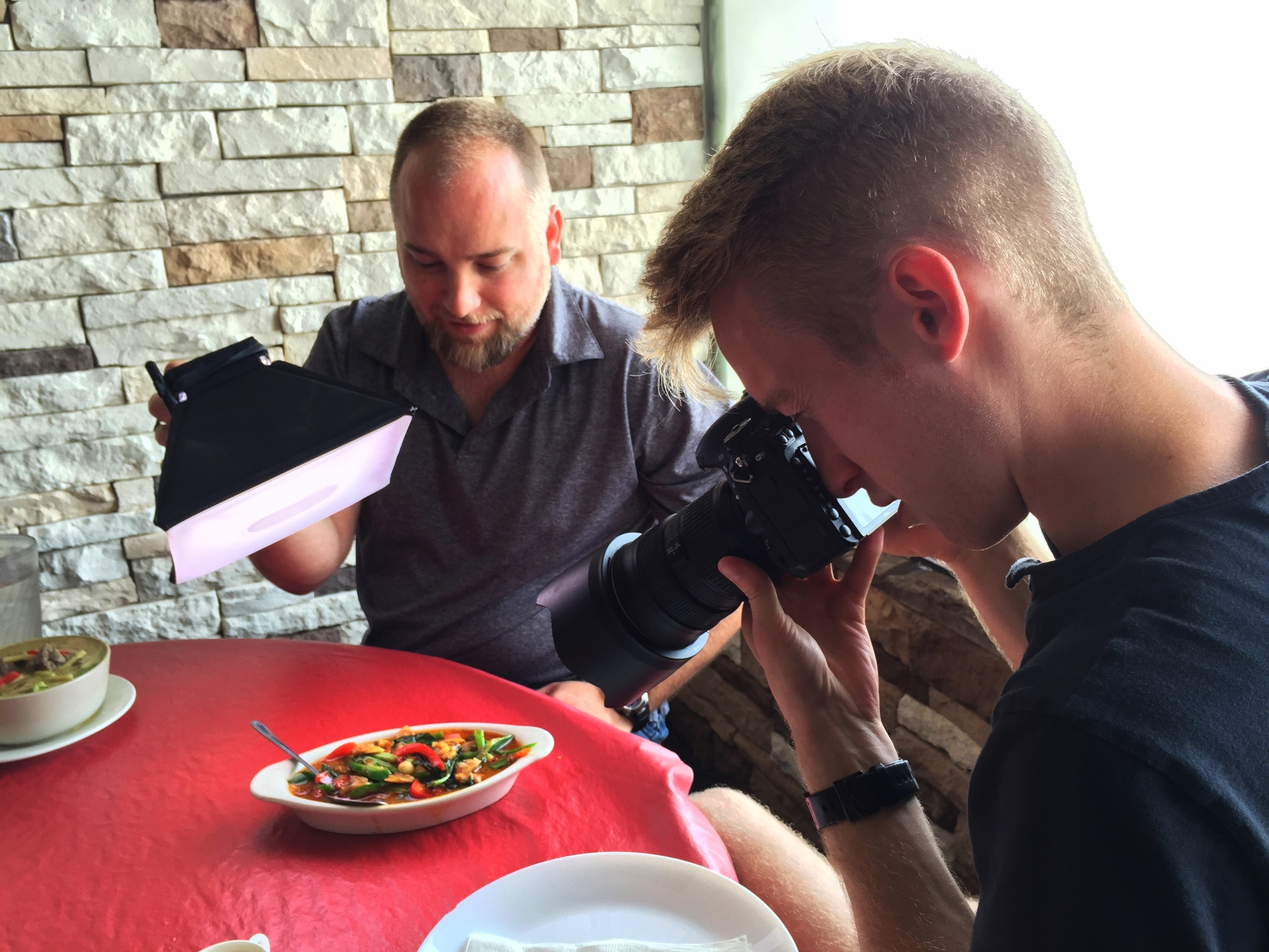 Stephen and I use his new LED light bank. Portable and powerful, a must for food blogging.