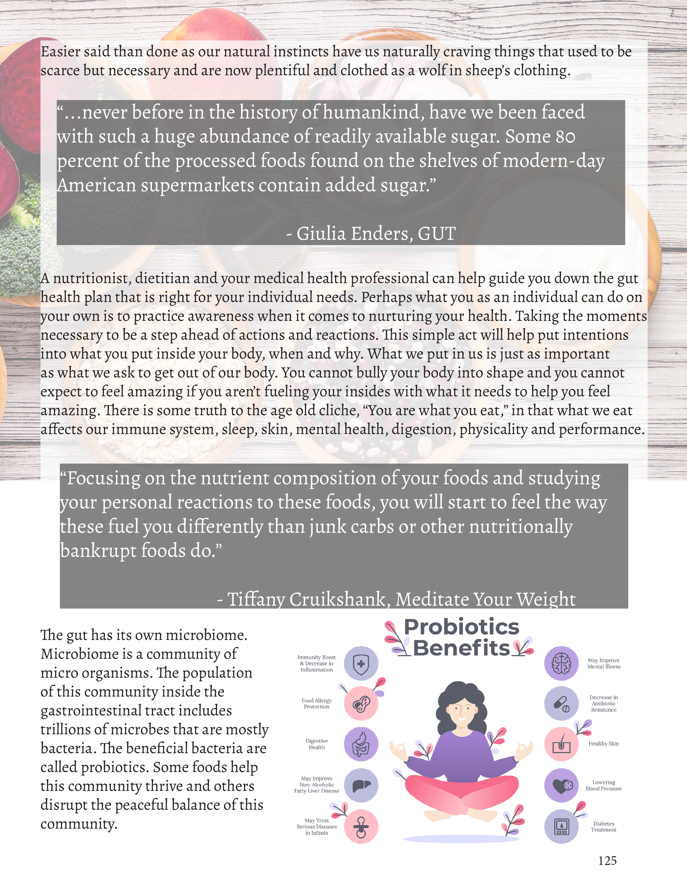 Page from a book or magazine discussing gut health, nutrition, microbiome, and probiotics, with quotes from Giulia Enders and Tiffany Cruikshank, and an illustration of a woman in meditation surrounded by icons representing probiotic benefits.