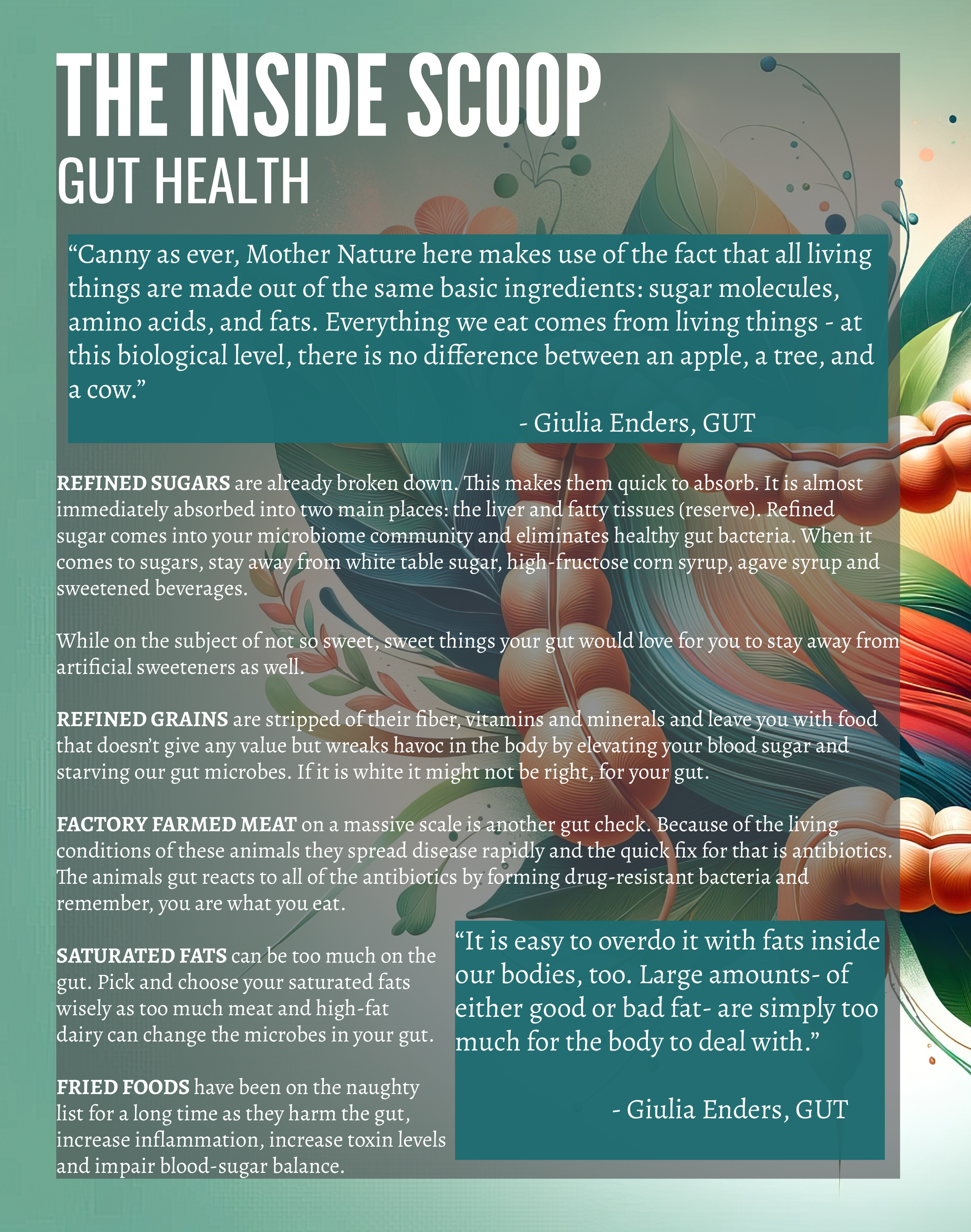 An infographic titled "The Inside Scoop: Gut Health" featuring a quote from Giulia Enders about the similarity of living things made from similar ingredients. The infographic explains different aspects of gut health including refined sugars, refined